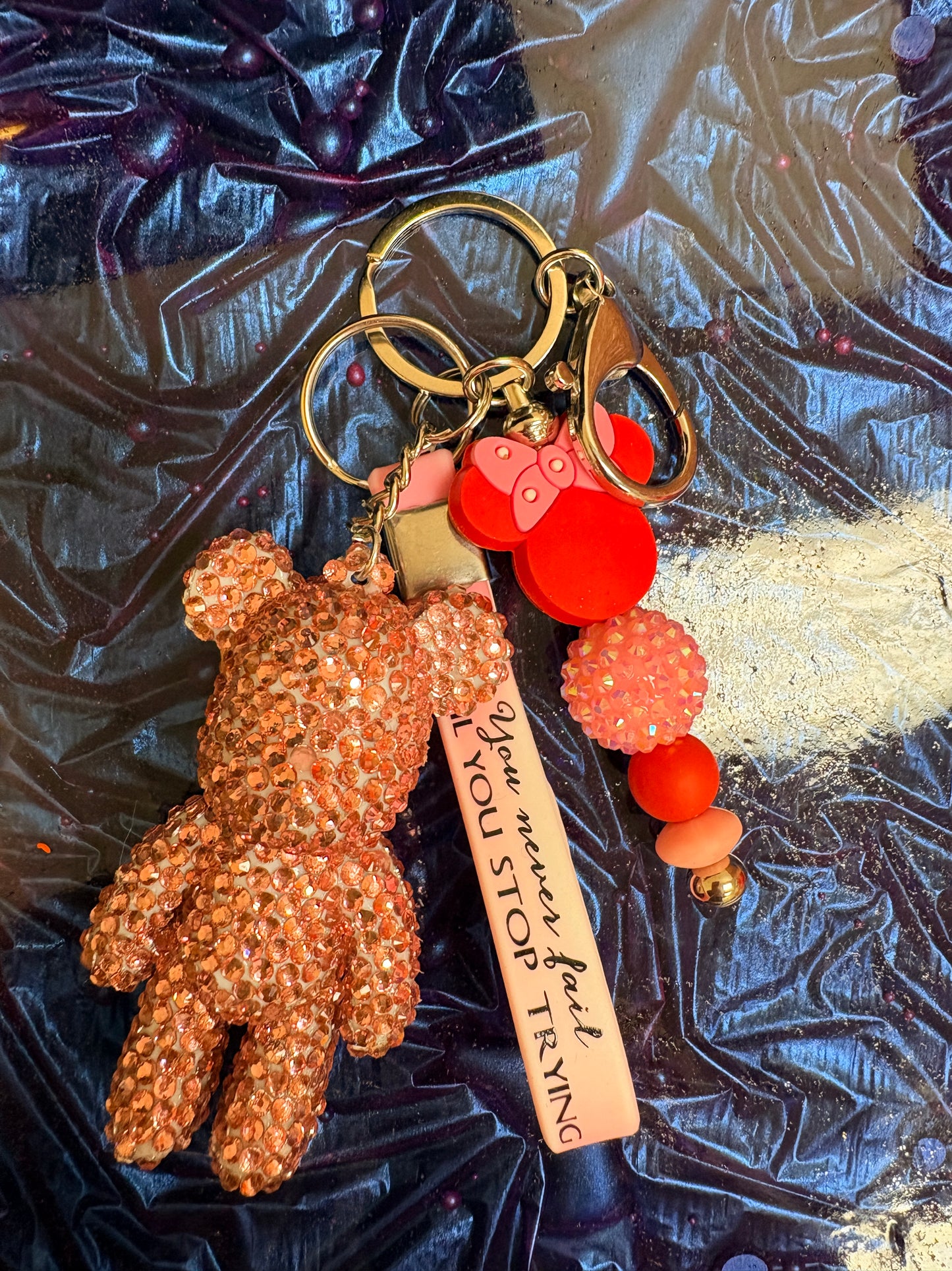 Pink Bling Bear Wristlet Keychain — Rhinestone Bear Charm & Mouse Ear Bead Strand