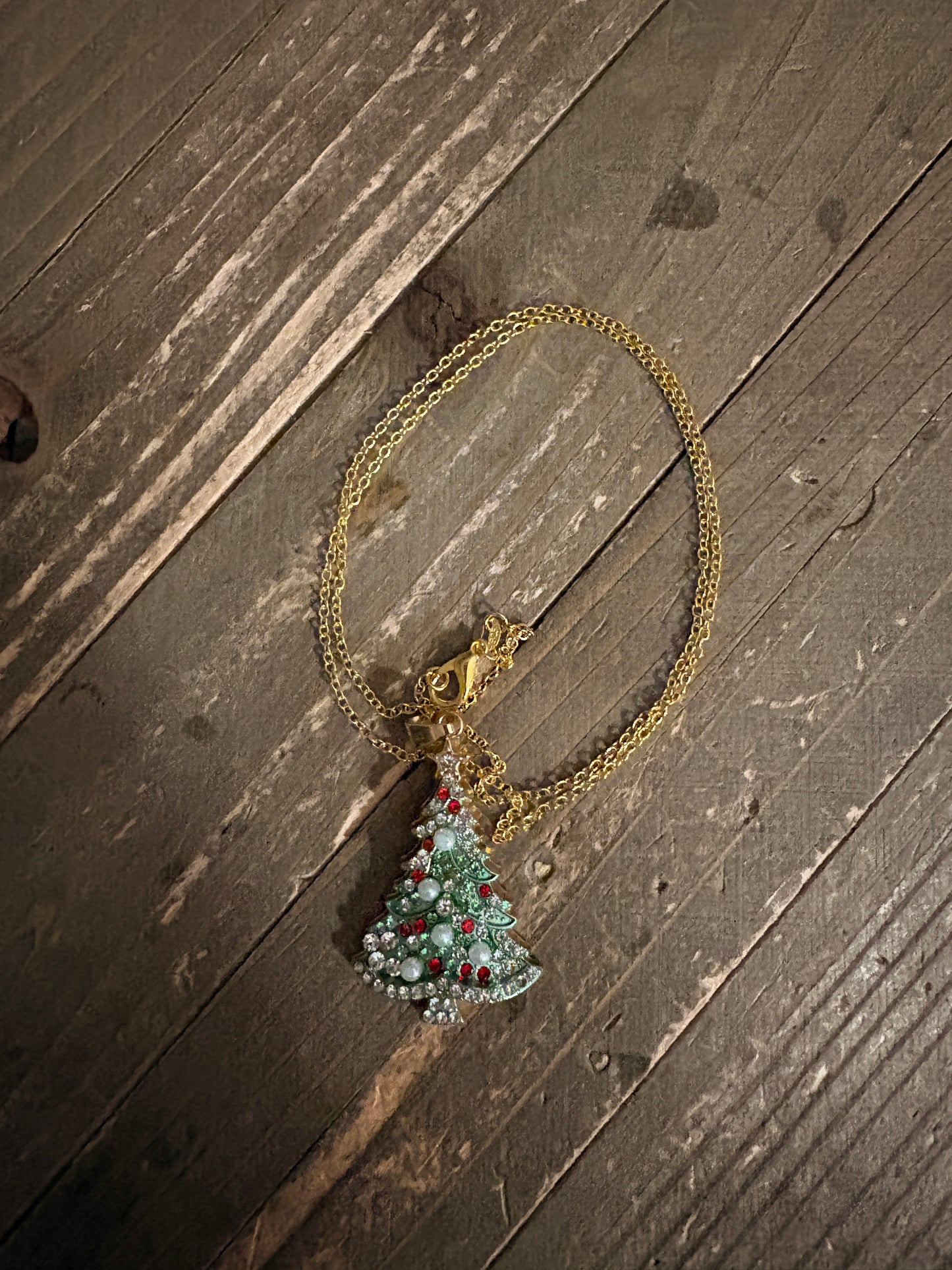 Rhinestone Christmas Tree Pendant Necklace — Gold Plated Stainless Steel Chain