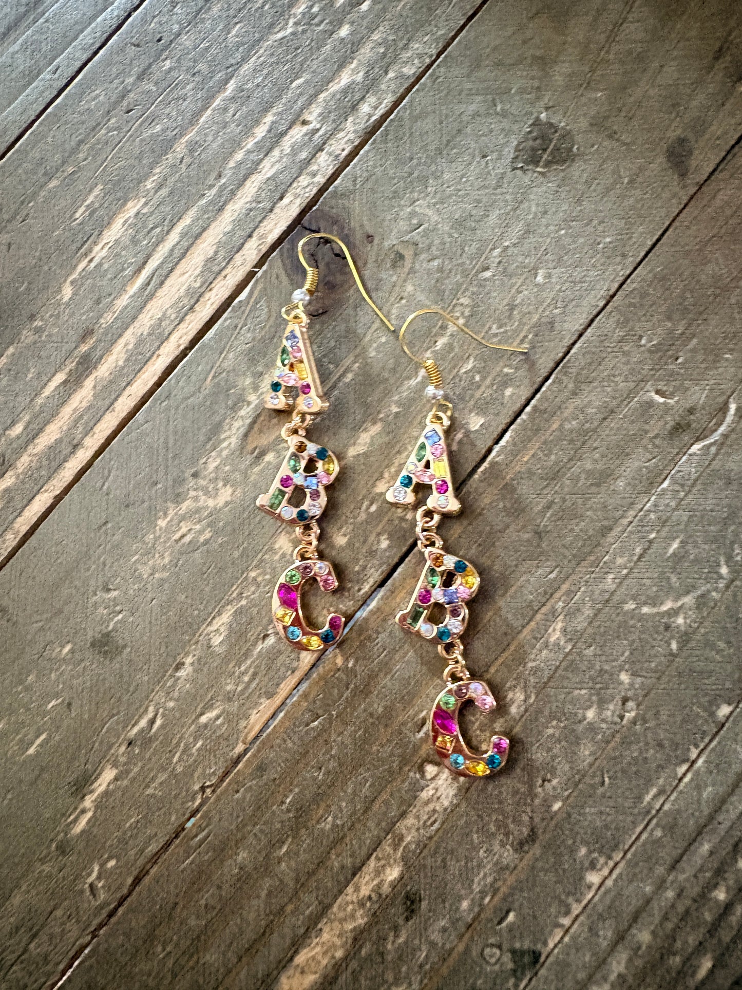 ABC Rhinestone Dangle Earrings — Colorful Letter Charm Wire Earrings