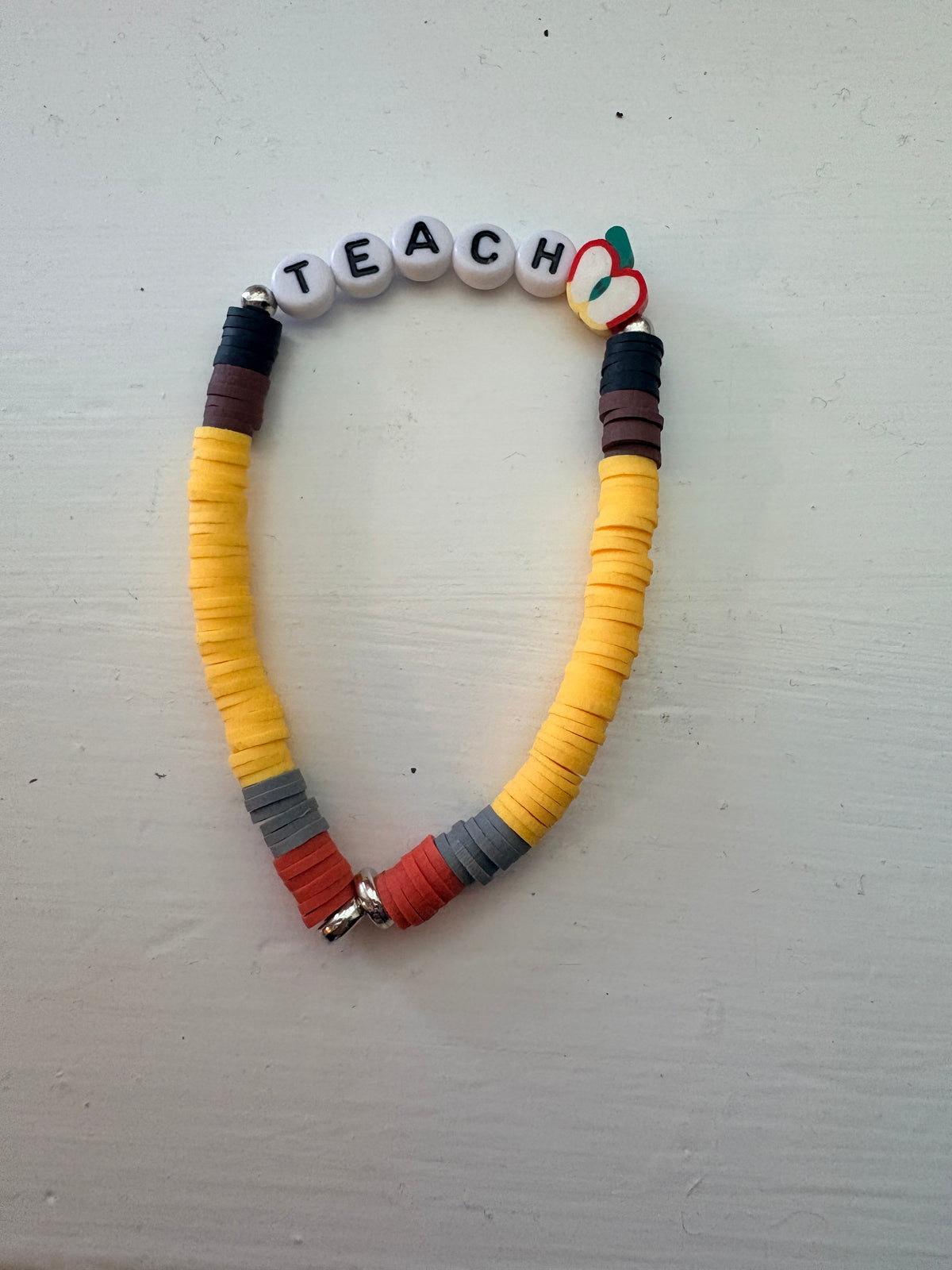 TEACH Apple Clay Disc Beaded Stretch Bracelet — Teacher Appreciation Gift