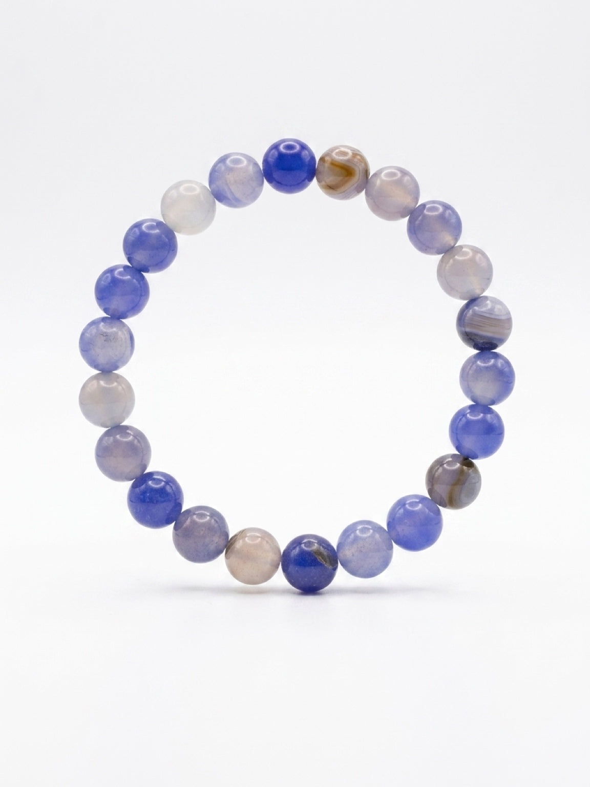 Blue Dyed Agate Round Beaded Stretch Bracelet — 8mm Glossy Beads, 7"