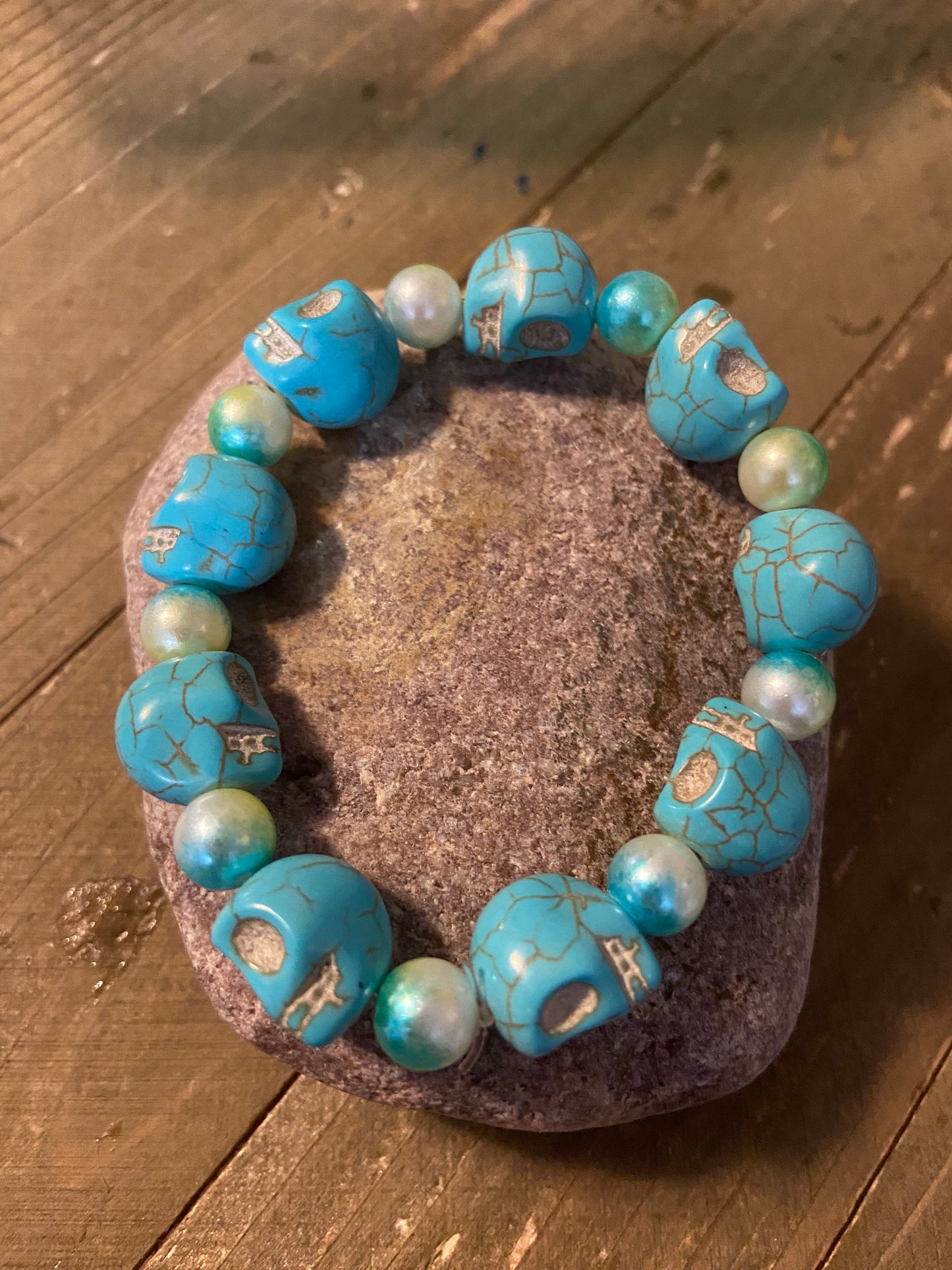 Turquoise Skull Stone and Plastic blue/White swirl Pearl Beaded Elastic/Stretch BraceletPink tiful of LOVE