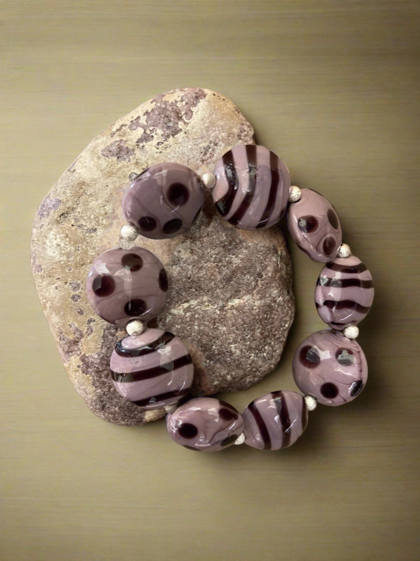 Purple polka dot and striped disc shaped glass Beaded Elastic/Stretch BraceletPink tiful of LOVE