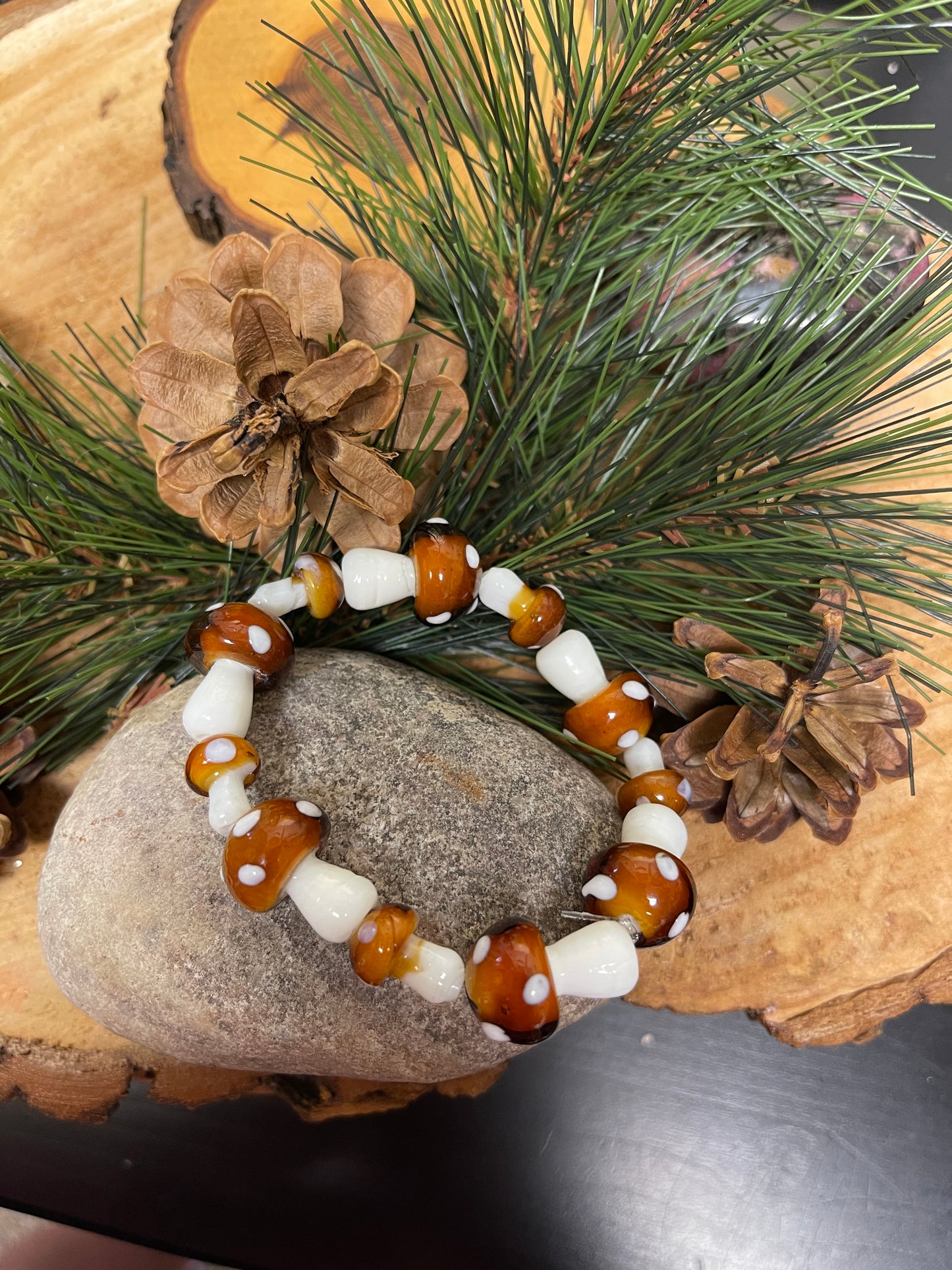 Brown Mushroom Glass Beaded Elastic/Stretch BraceletPink tiful of LOVE