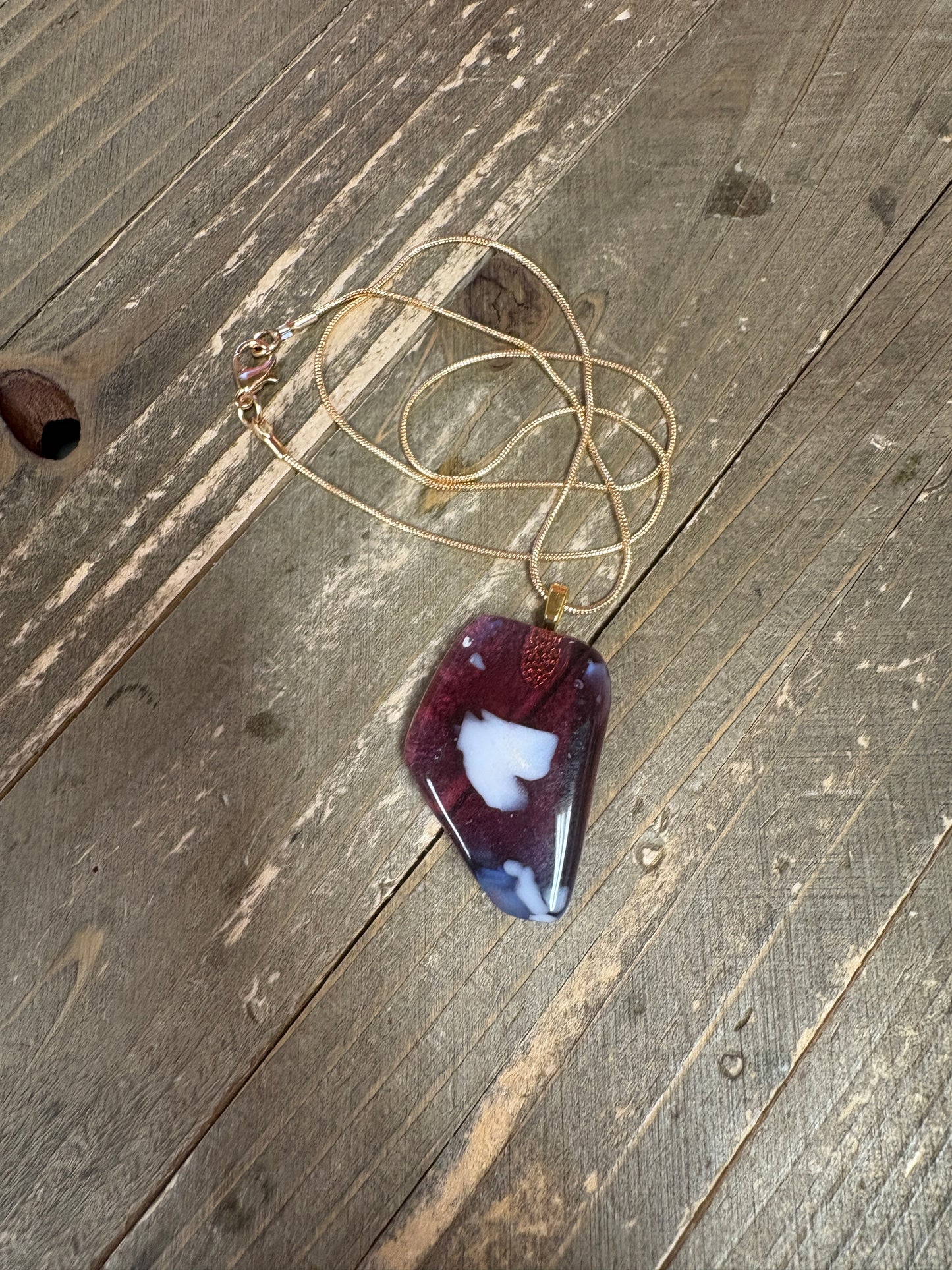 Fused Glass-Pink with bits of white and blue Irregular shaped Pendant on a Gold Chain Necklace (Copy)