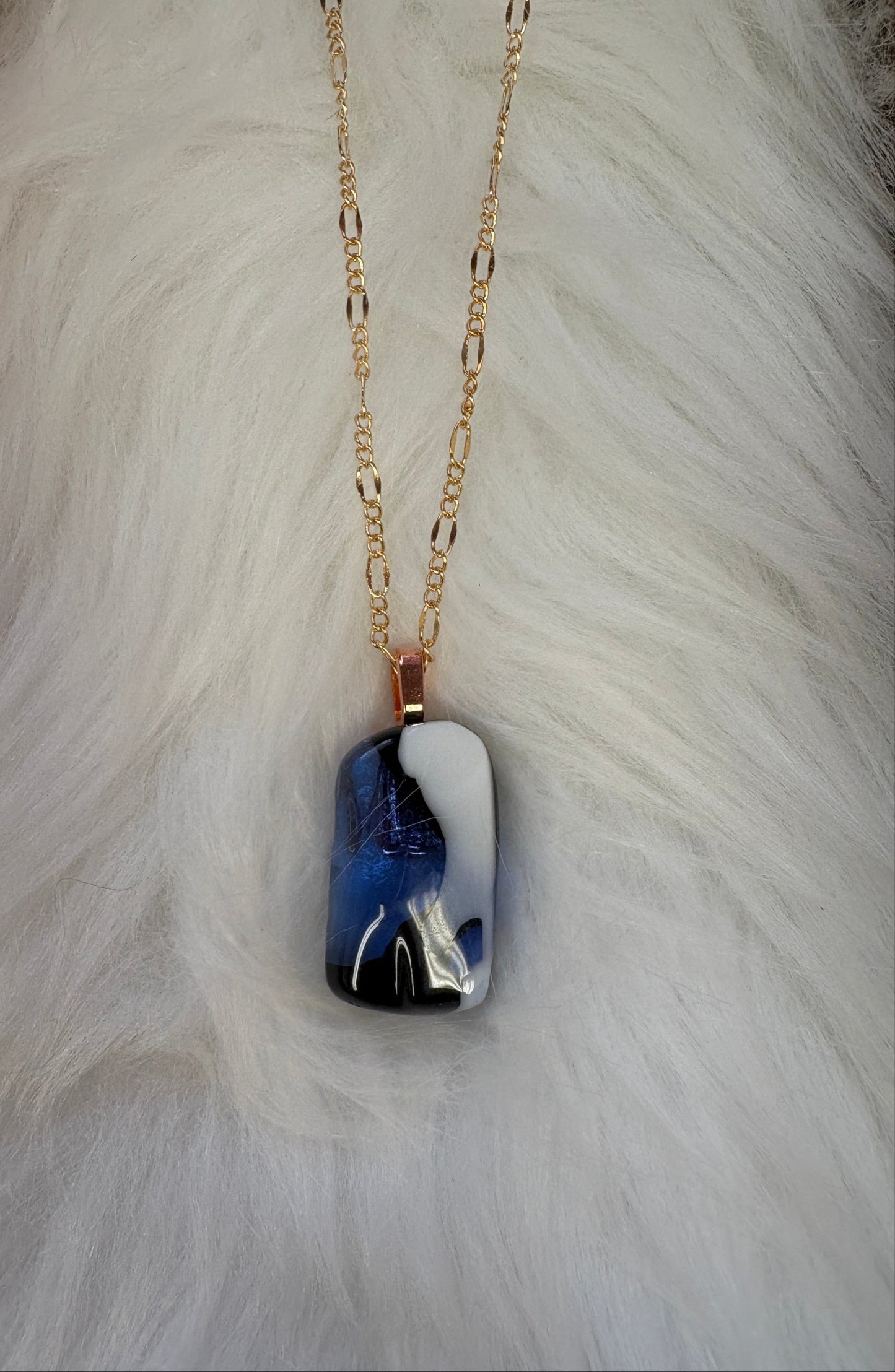 Fused Glass-blue, white & black rectangular shaped Pendant on a rose gold Chain Necklace