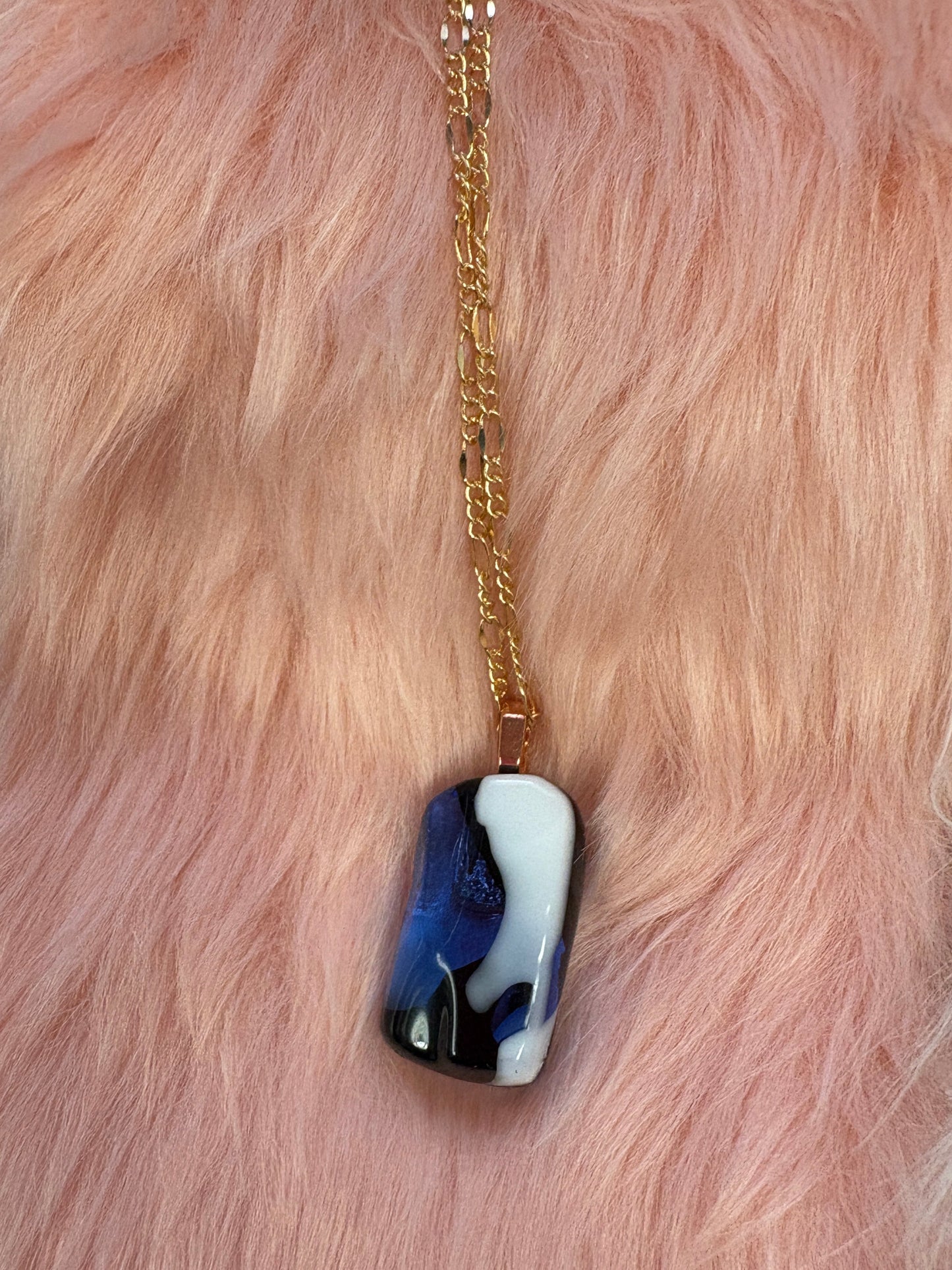 Fused Glass-blue, white & black rectangular shaped Pendant on a rose gold Chain Necklace