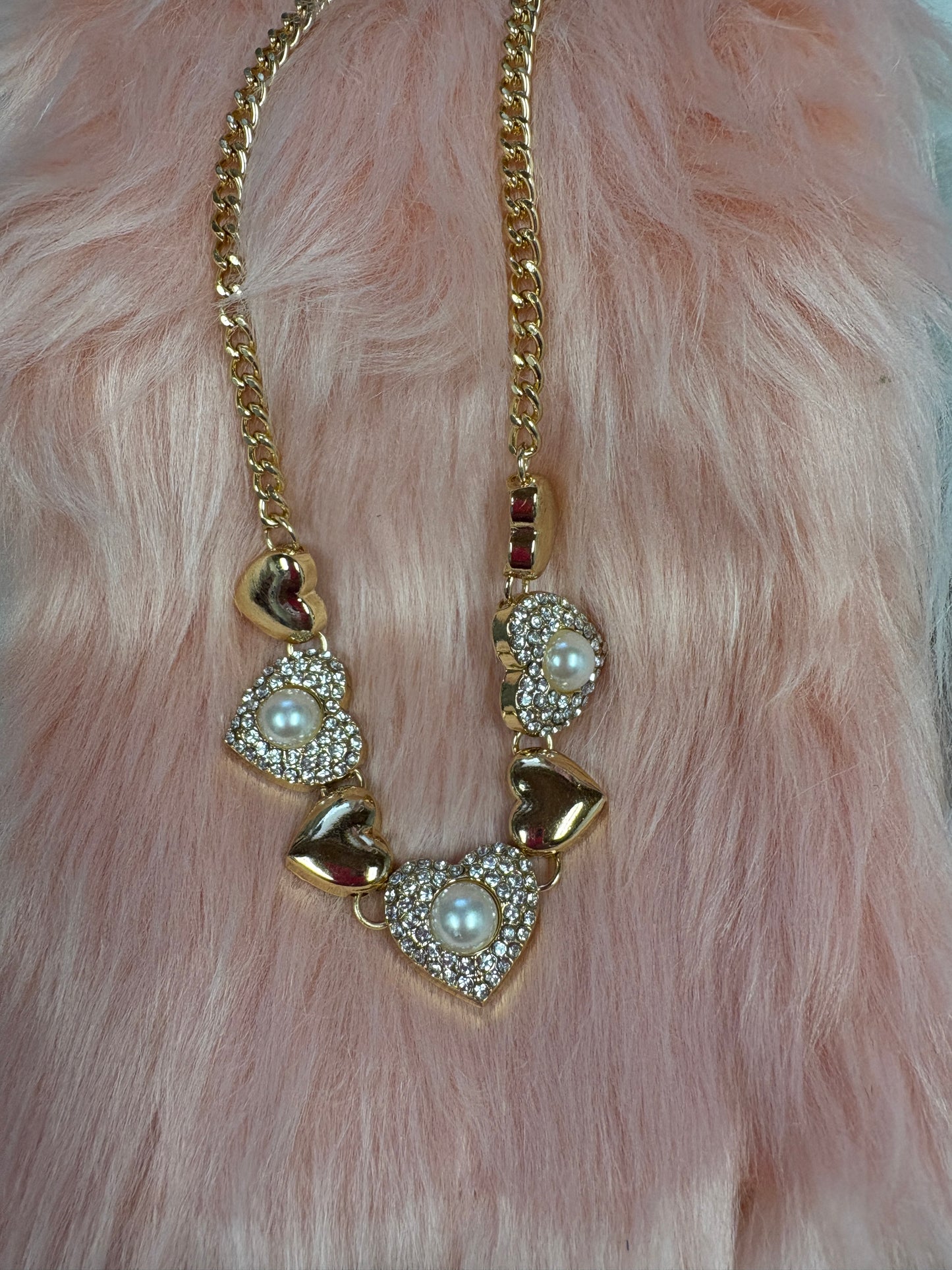 Gold Heart White Pearl Rhinestone Necklace
