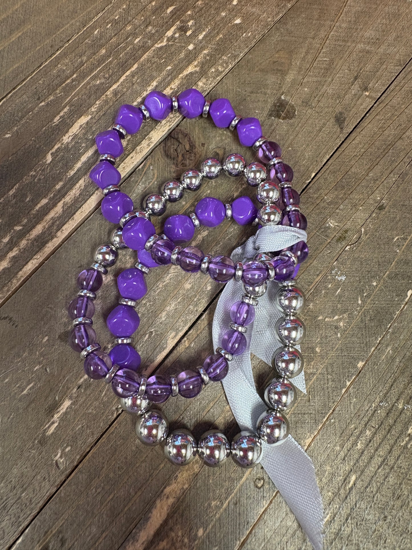 Purple and Silver Beaded Stretchy Bracelet set of 3