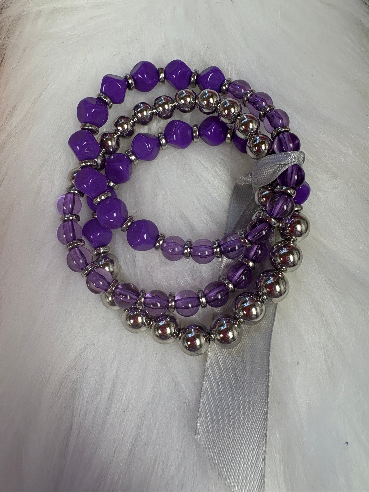 Purple and Silver Beaded Stretchy Bracelet set of 3