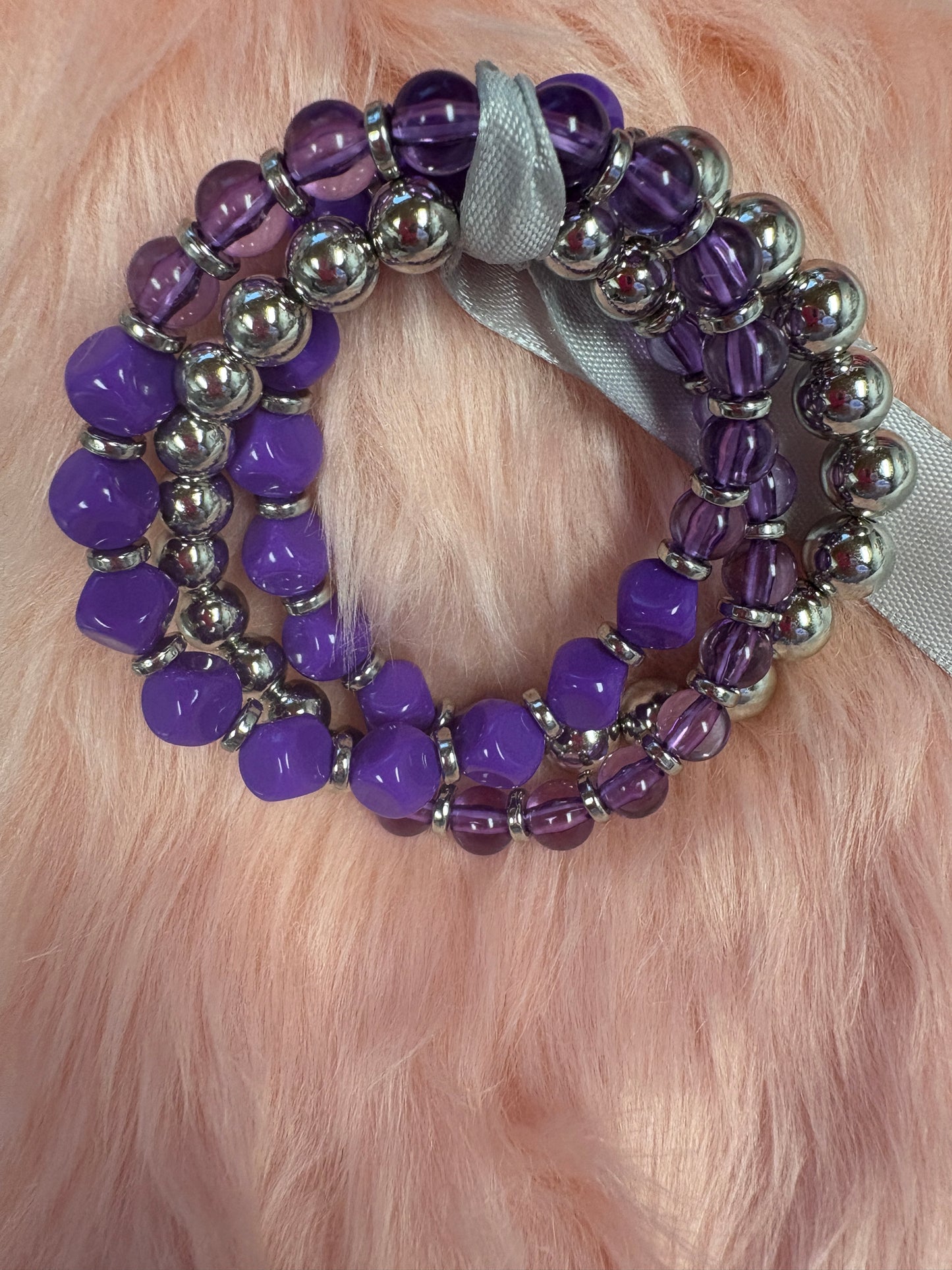 Purple and Silver Beaded Stretchy Bracelet set of 3