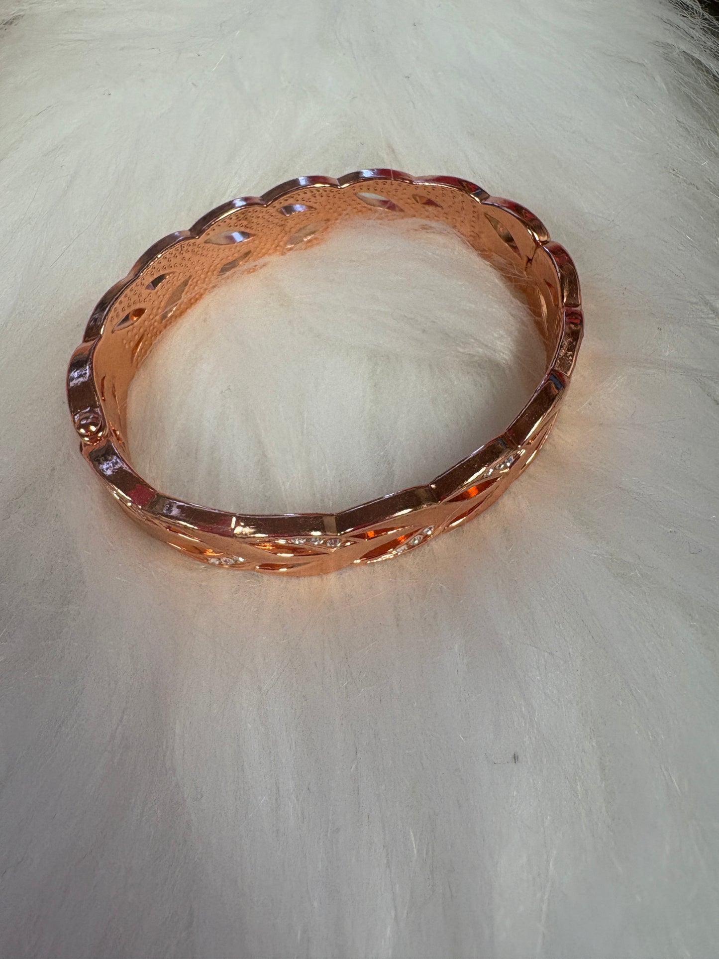 White Rhinestone Rose Gold Leaf Hinged Bracelet