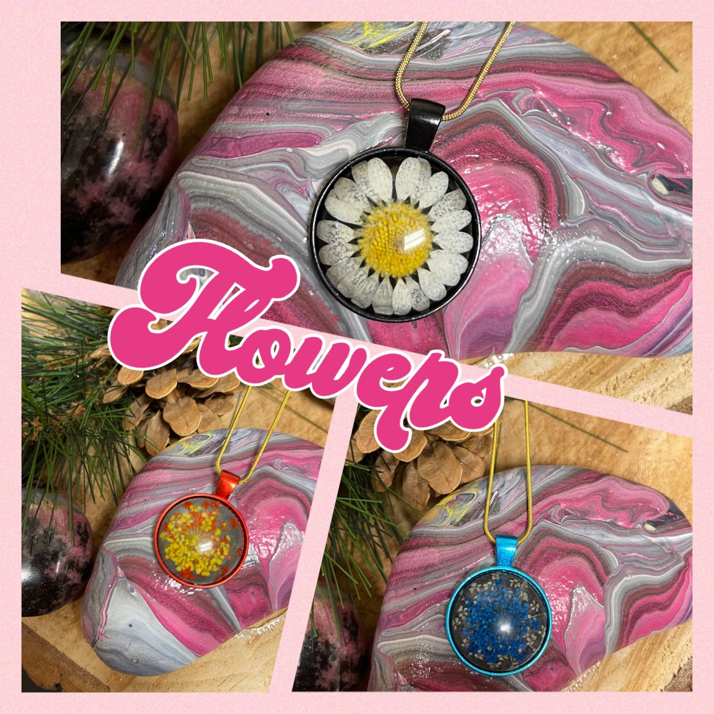 Flower Cabochon Round Pendant on a Gold Chain NecklacePink tiful of LOVE