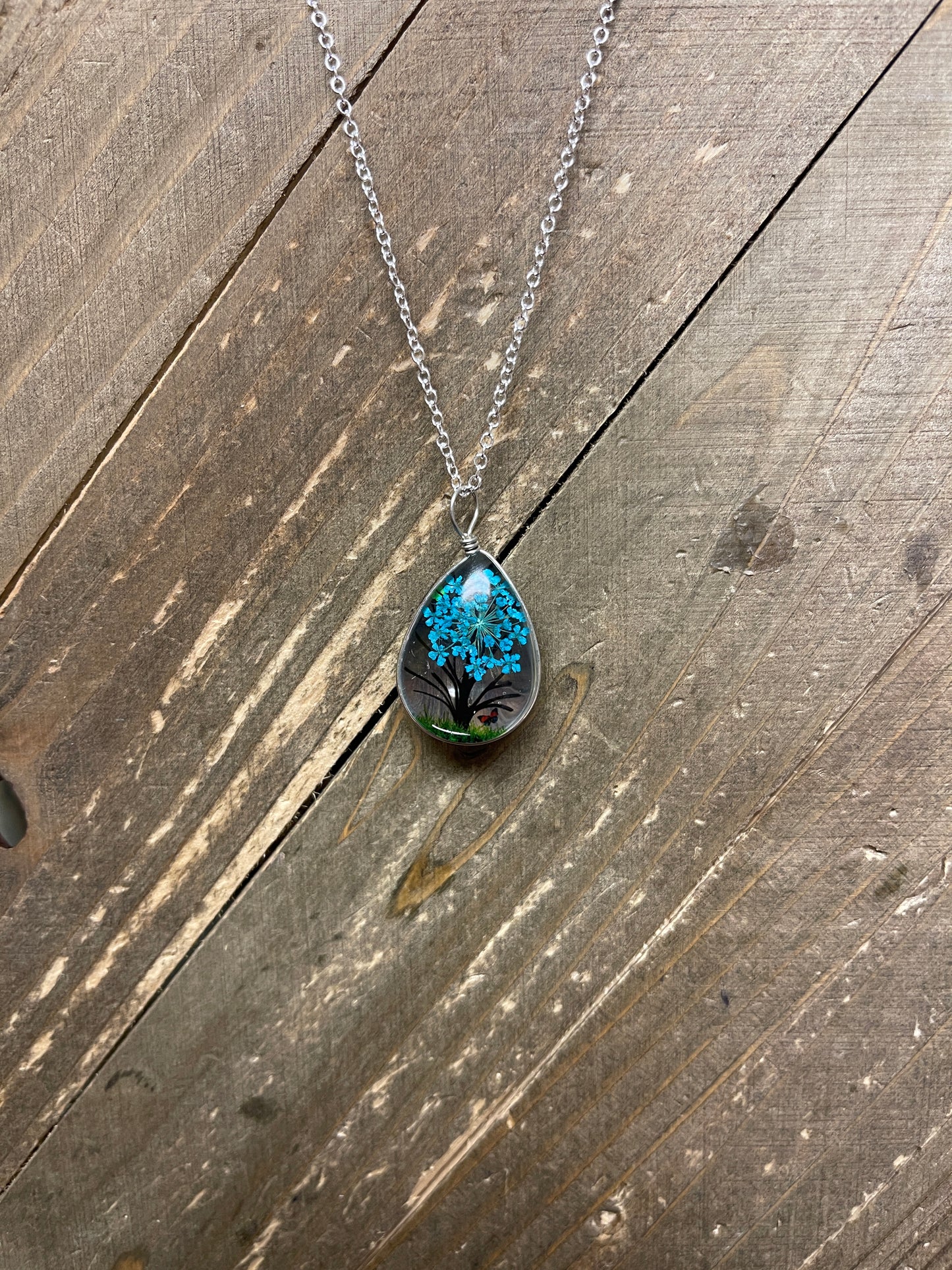 Floating Tree & Flower Teardrop Pendant on a Silver chain NecklacePink tiful of LOVE
