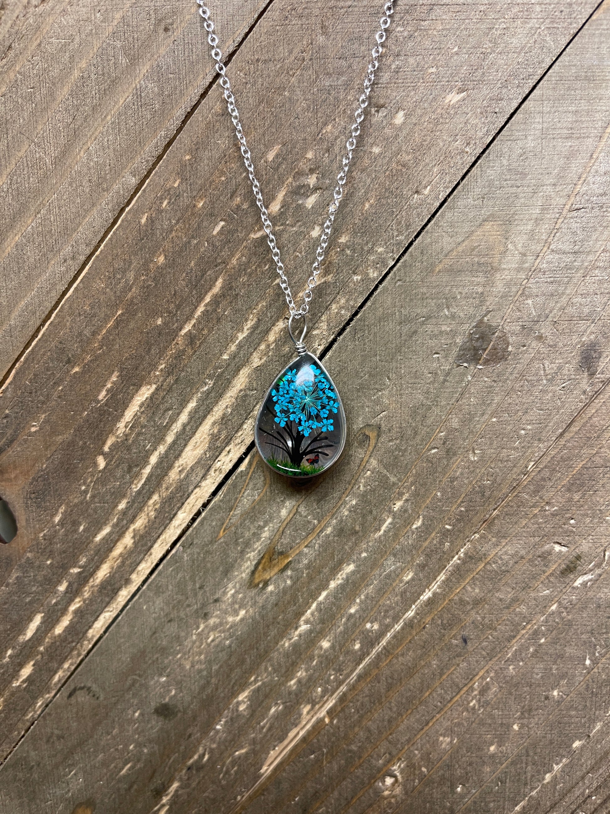 Floating Tree & Flower Teardrop Pendant on a Silver chain NecklacePink tiful of LOVE