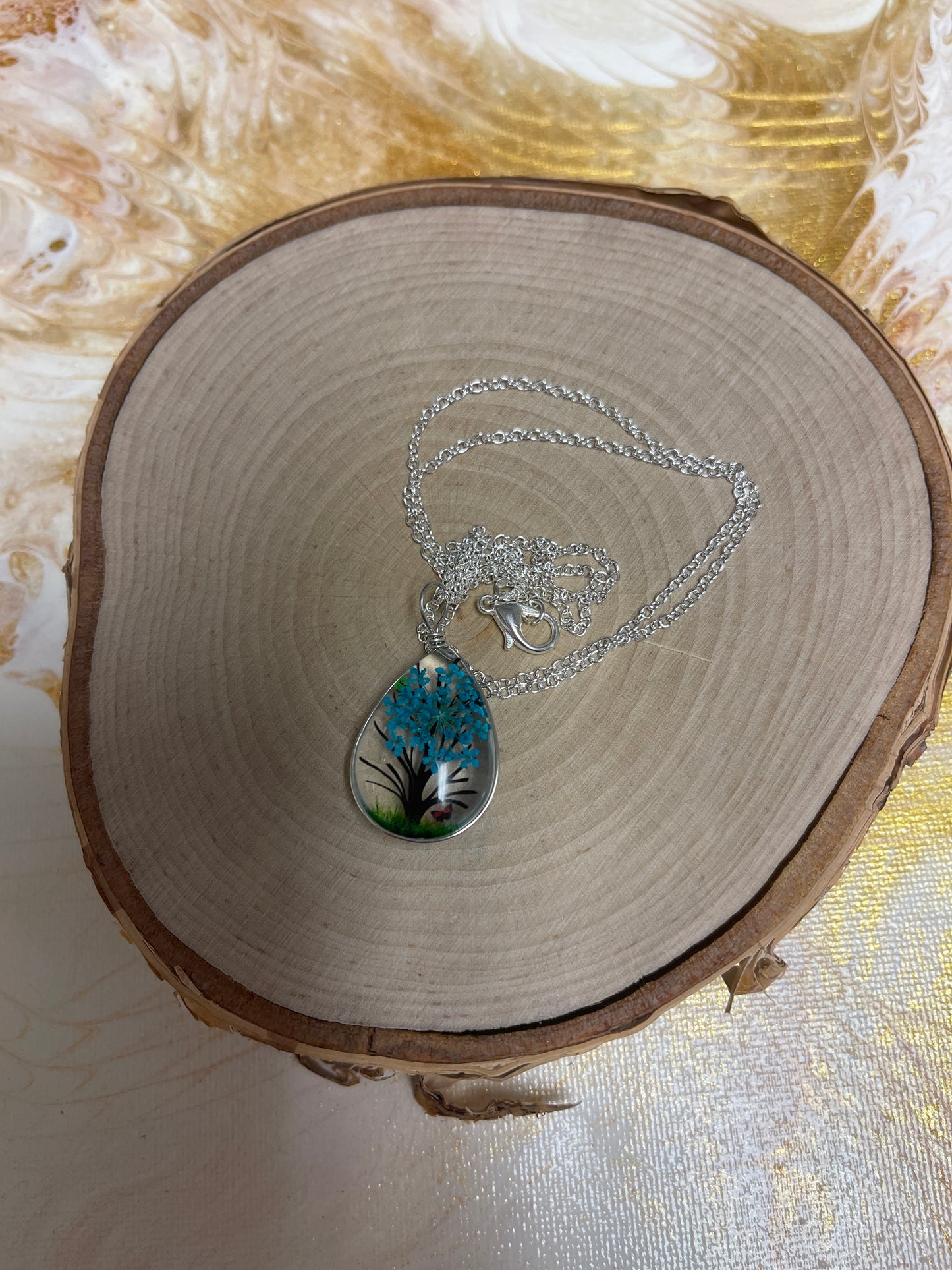 Floating Tree & Flower Teardrop Pendant on a Silver chain NecklacePink tiful of LOVE