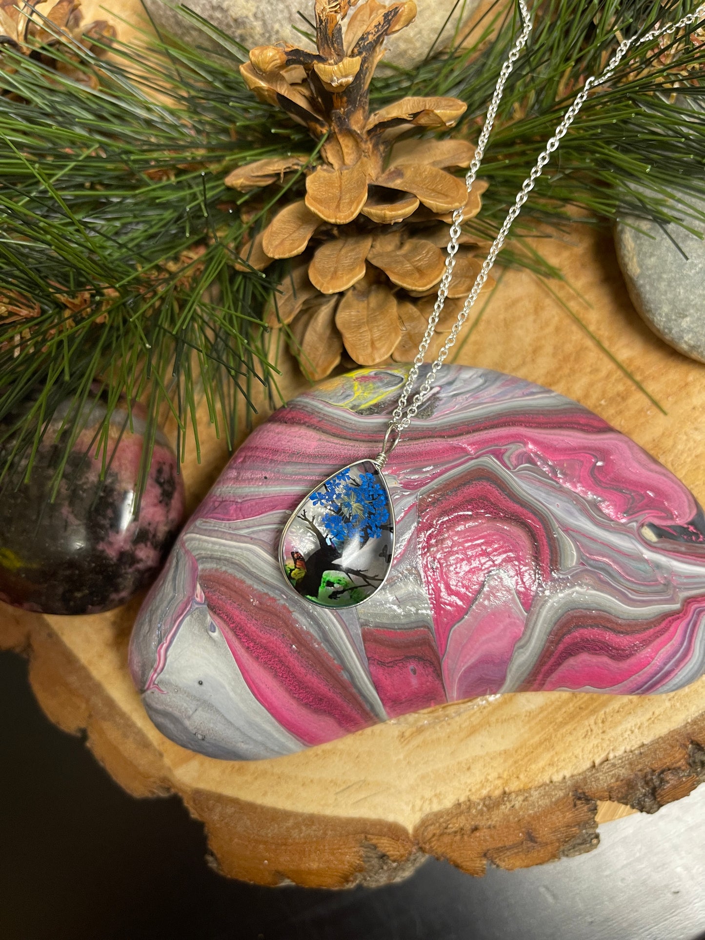 Tree & Flower Teardrop Pendant on a Silver chain NecklacePink tiful of LOVE