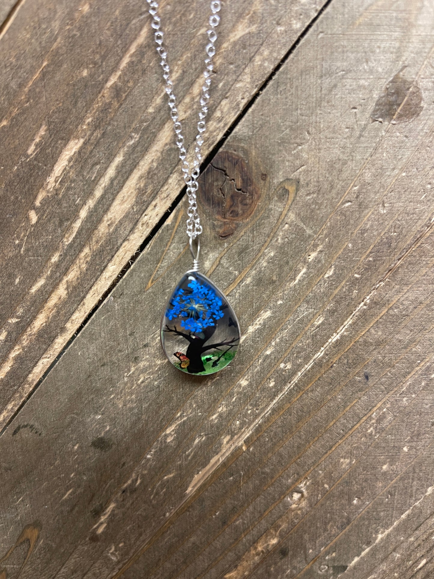 Tree & Flower Teardrop Pendant on a Silver chain NecklacePink tiful of LOVE