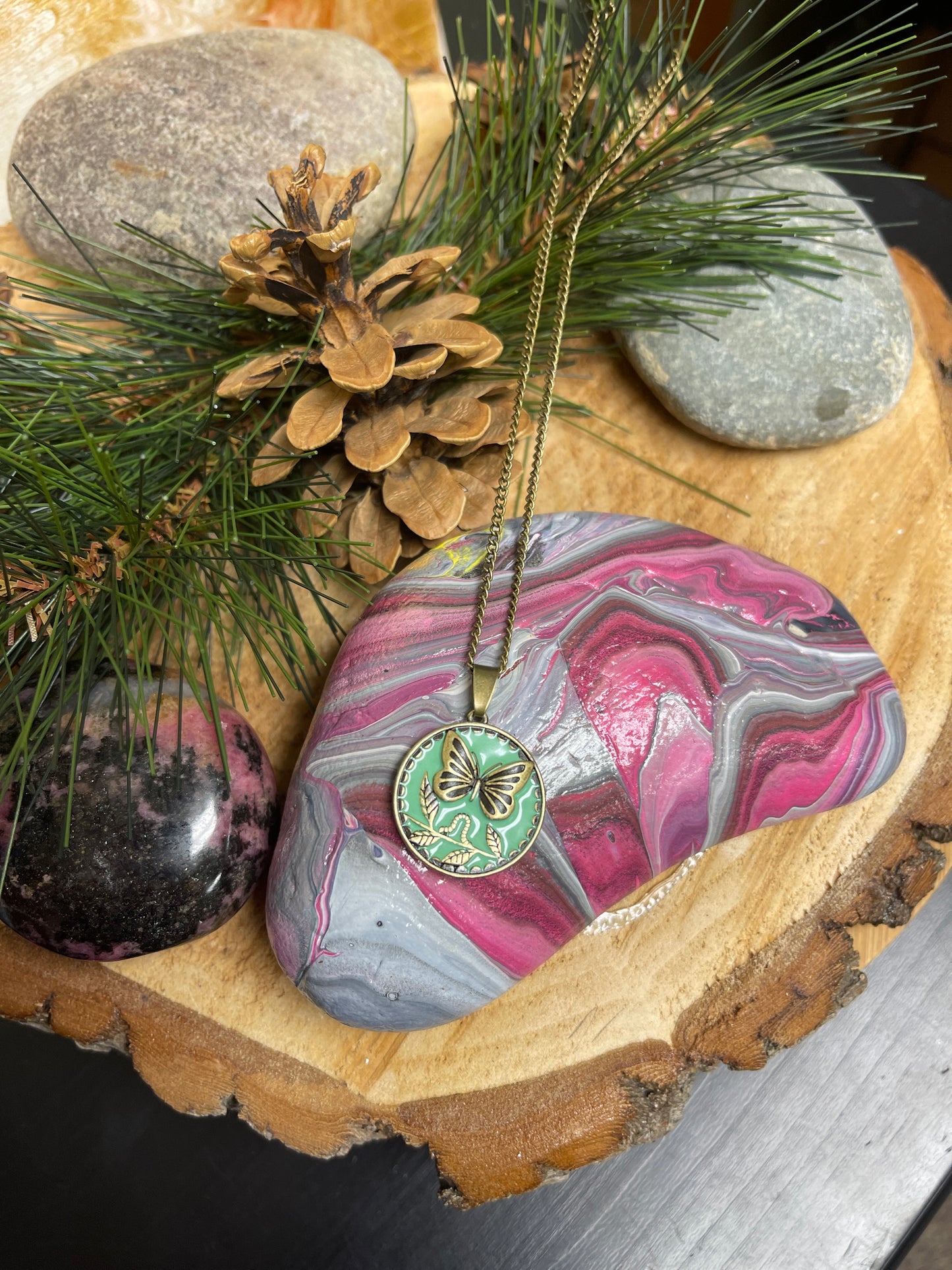 Embrace Change Butterfly Pendant on a Antique Brass chain NecklacePink tiful of LOVE