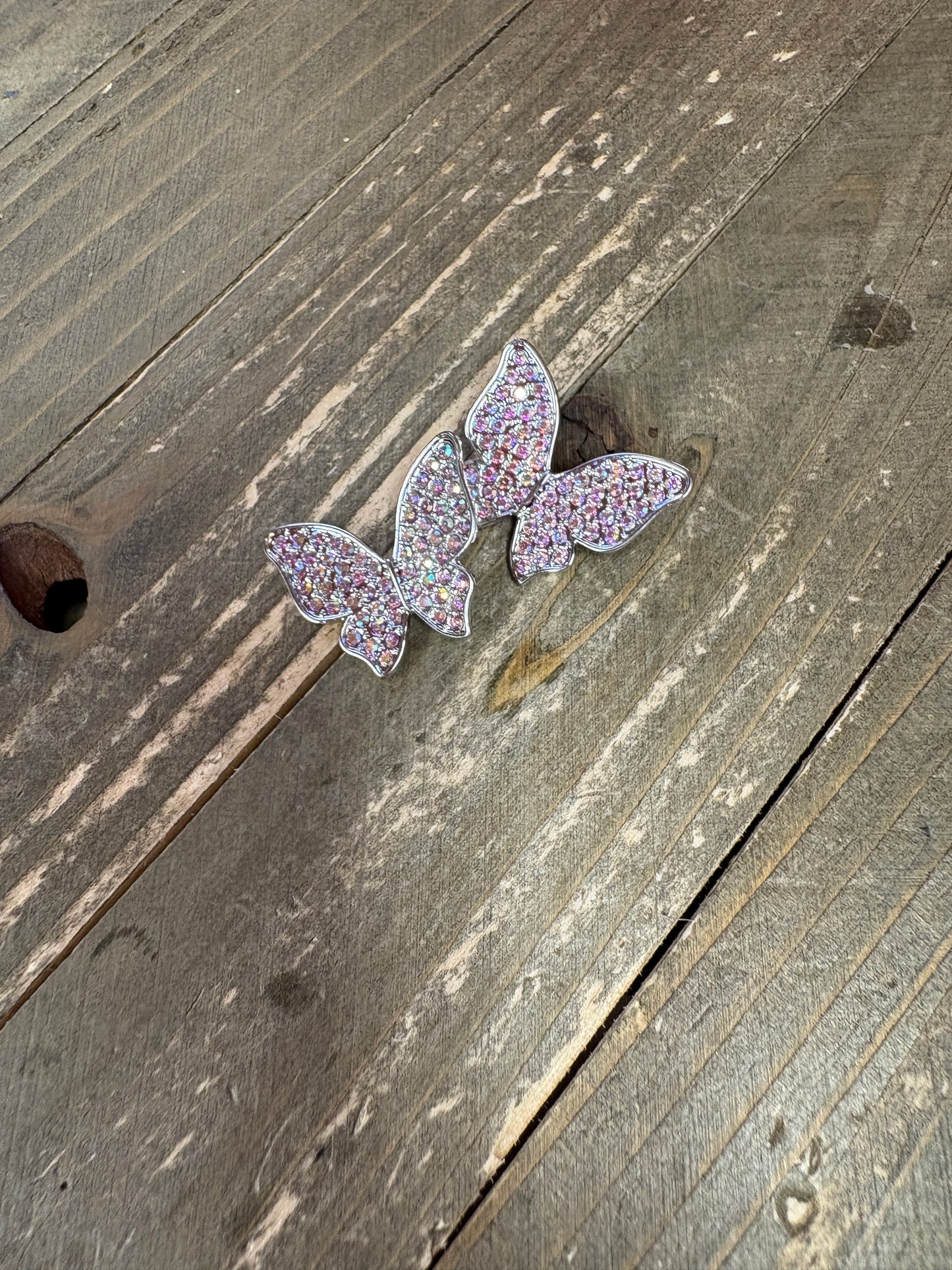 Pink  Iridescent Rhinestone Butterfly Silver Stud Earrings