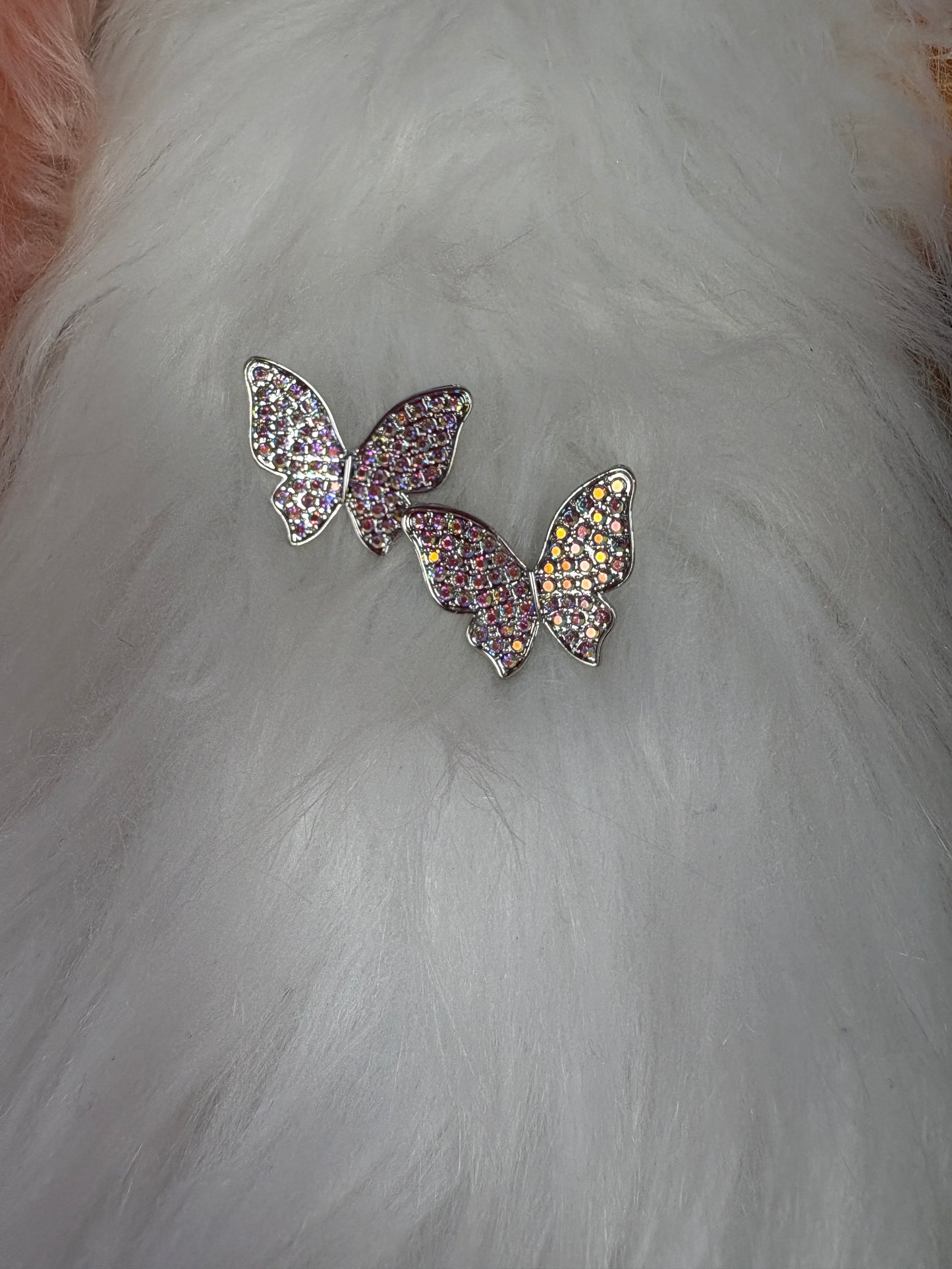 Pink  Iridescent Rhinestone Butterfly Silver Stud Earrings