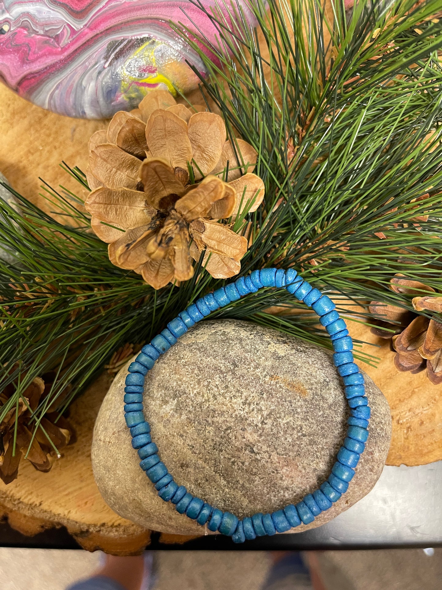 Blue Coconut beaded Stretch bracelet, Wood Coconut beadsPink tiful of LOVE