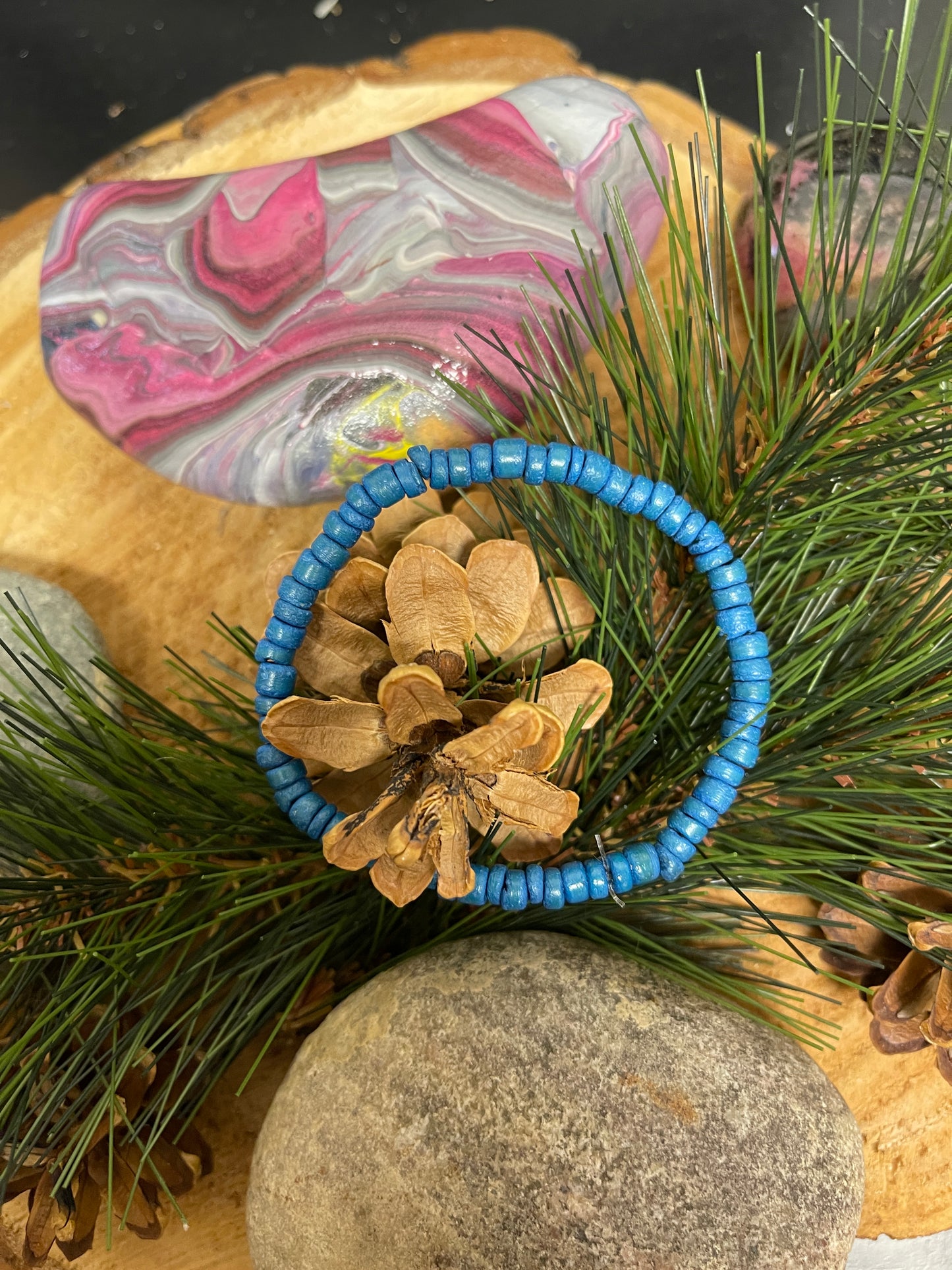 Blue Coconut beaded Stretch bracelet, Wood Coconut beadsPink tiful of LOVE