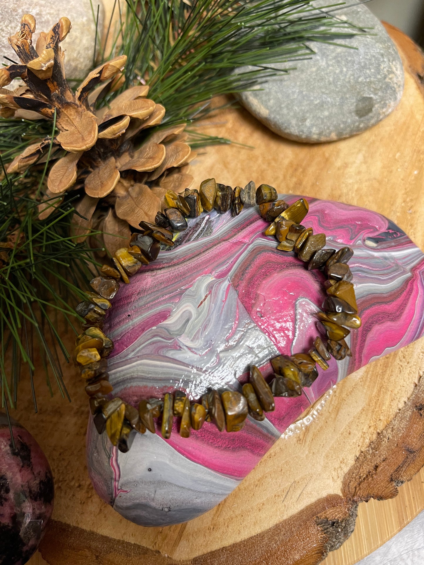 Gold Tiger Eye chip gemstone beaded Stretch braceletPink tiful of LOVE