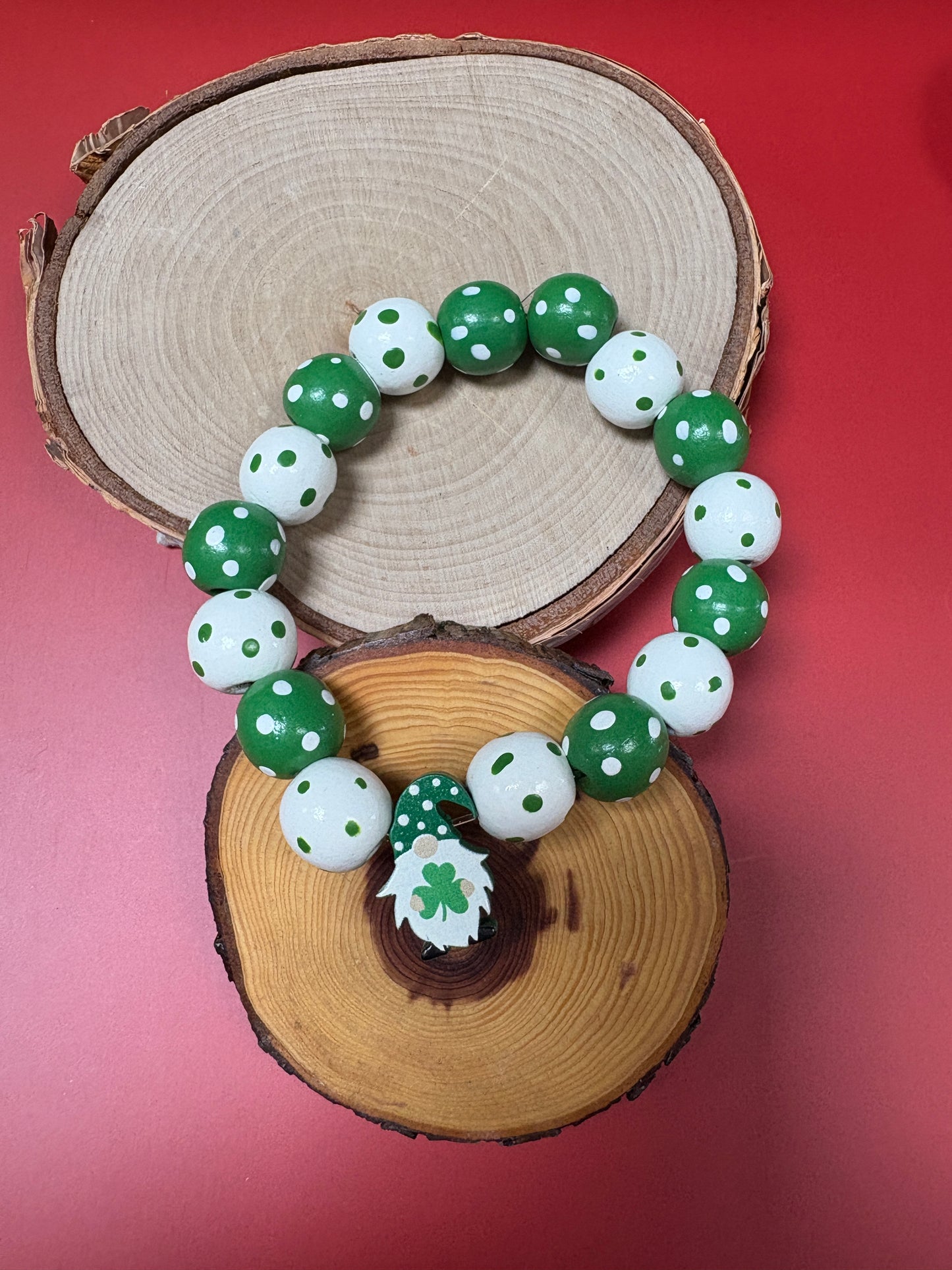St. Patrick's Day Wooden Round Polka Dot Beaded Elastic/Stretch Bracelet