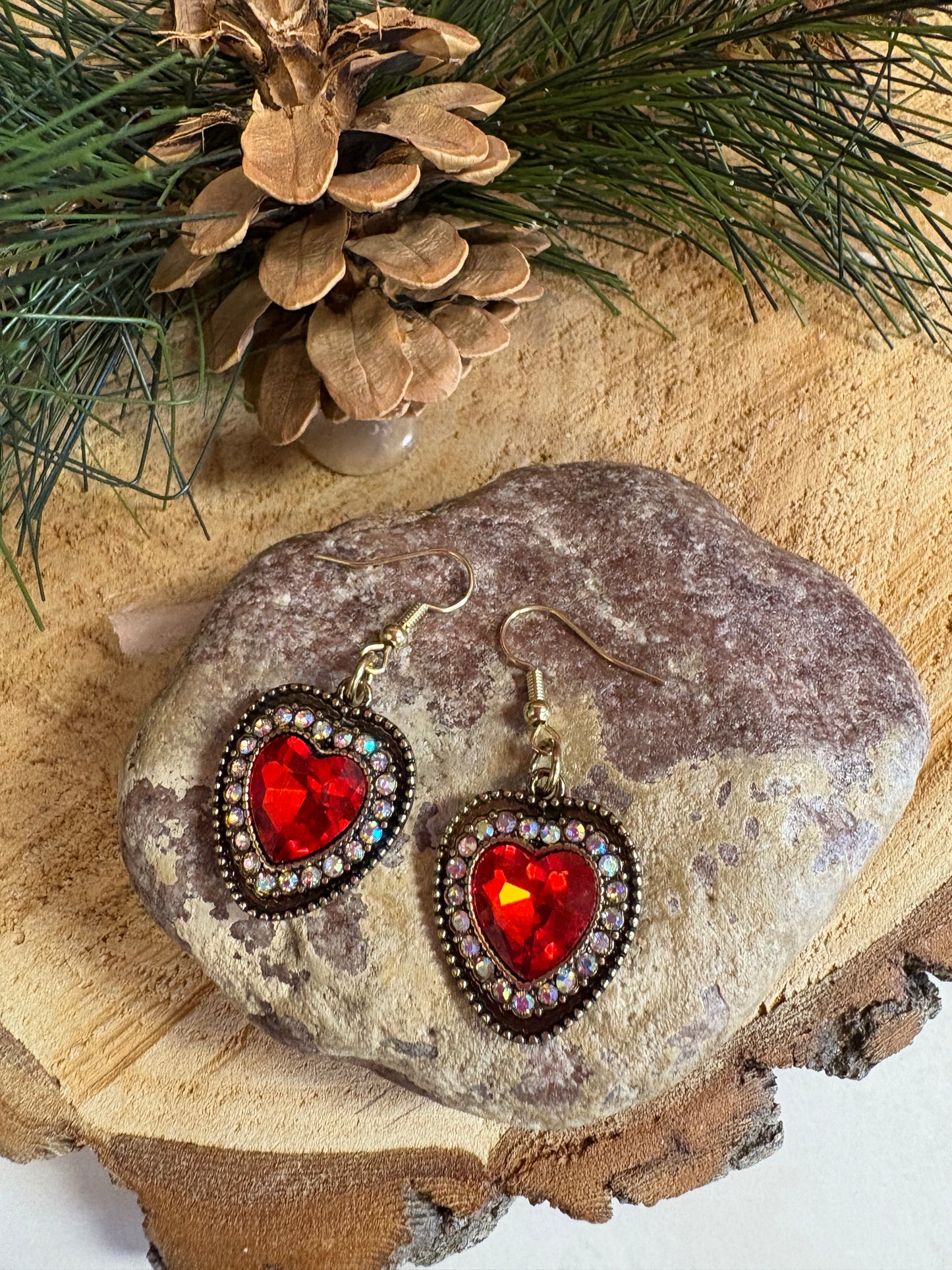 Red Heart Rhinestone dangling earrings