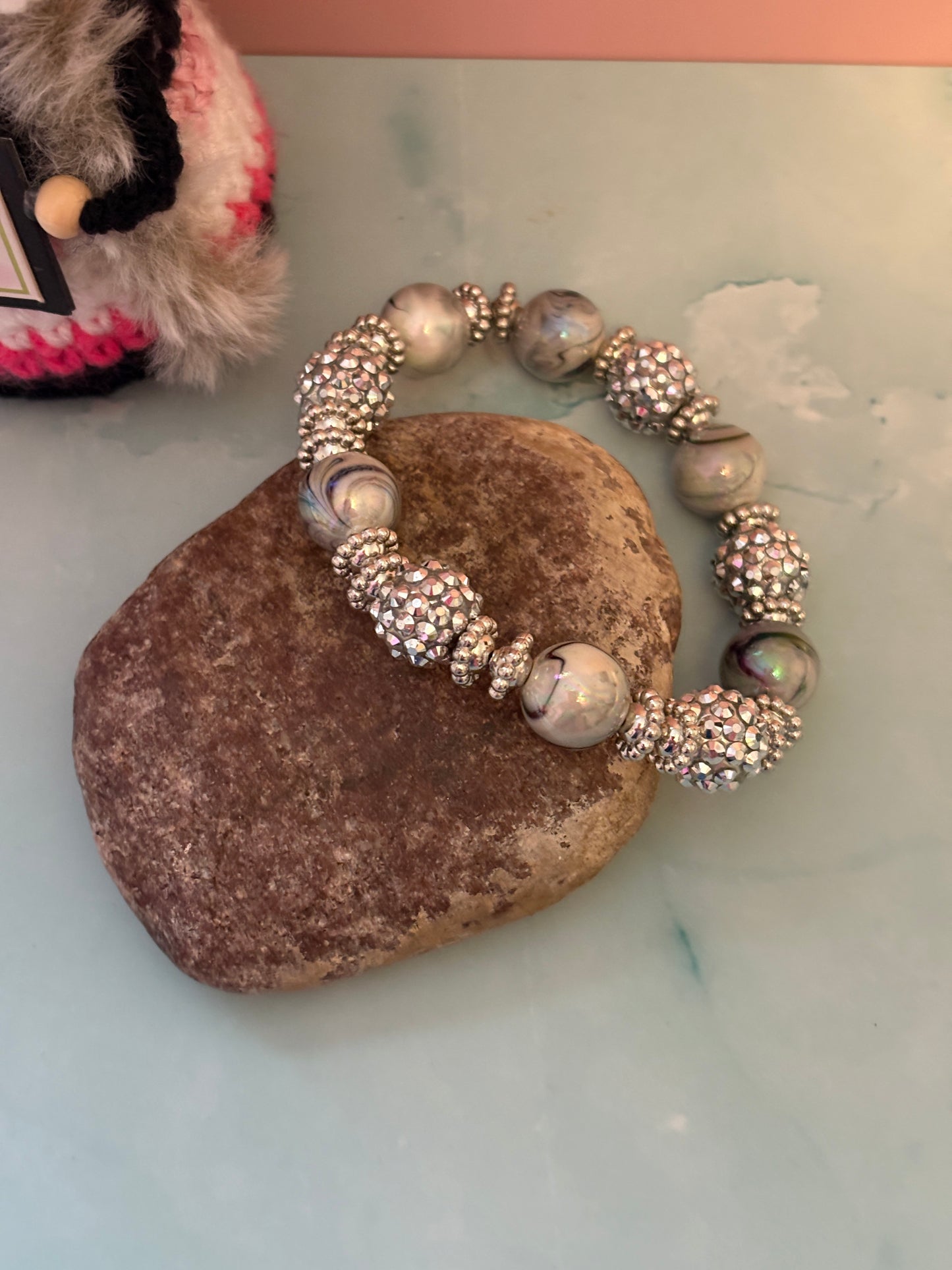 Silver Acrylic Shambala Beaded Stretch Bracelet