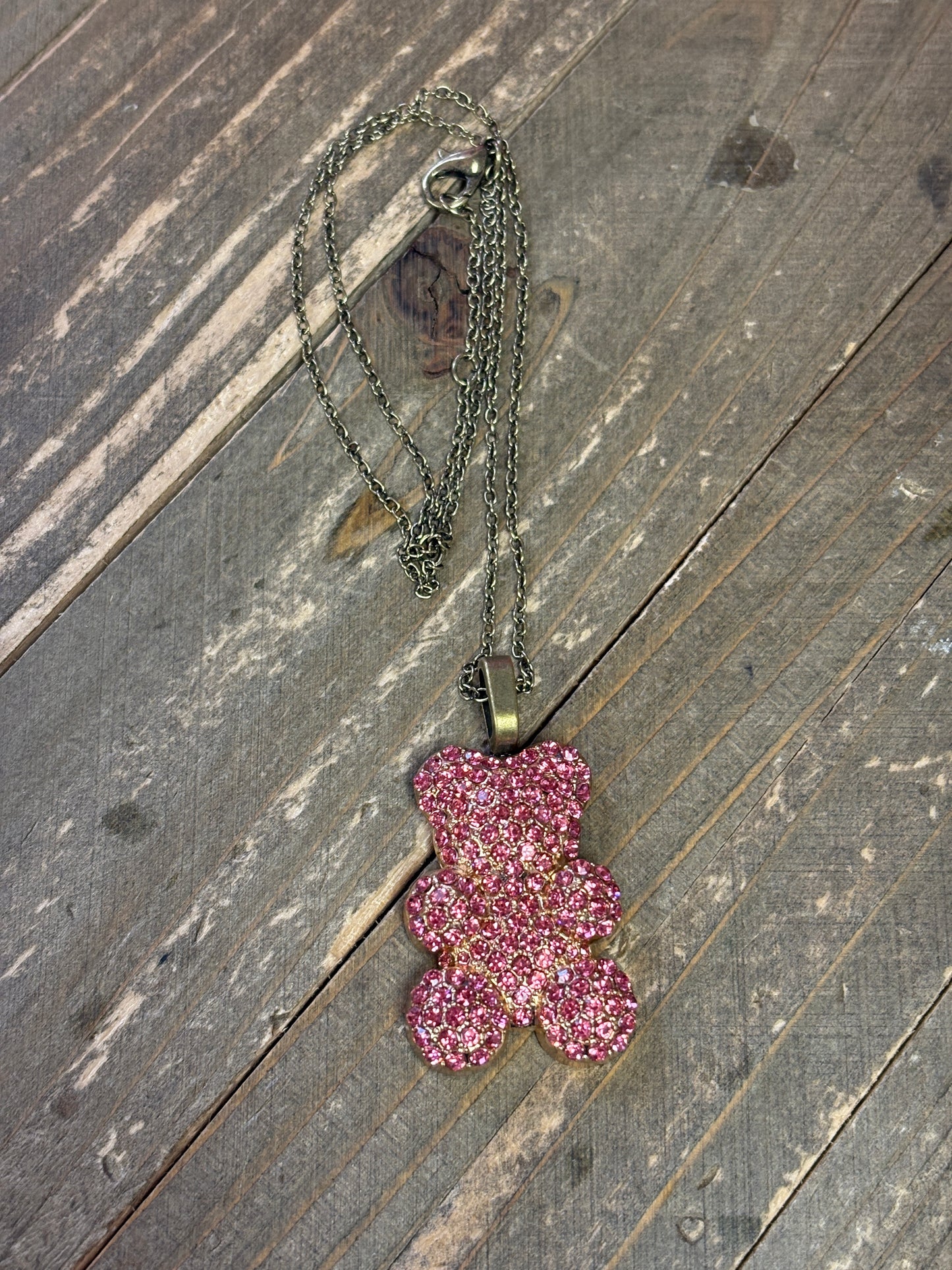 Pink Rhinestone Teddy Bear pendant on a Gun Metal chain Necklace