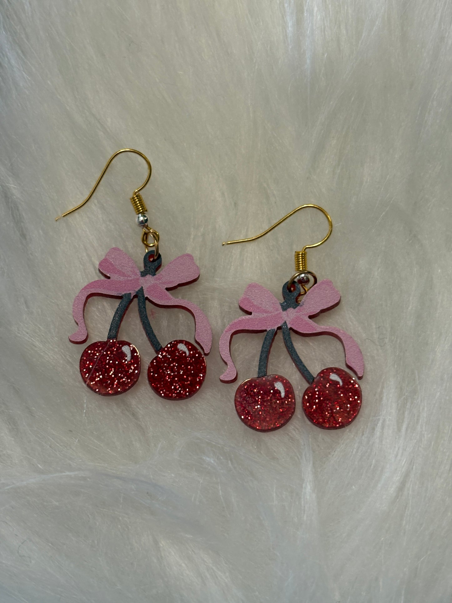 Cherry and Pink Ribbon Wire Earrings