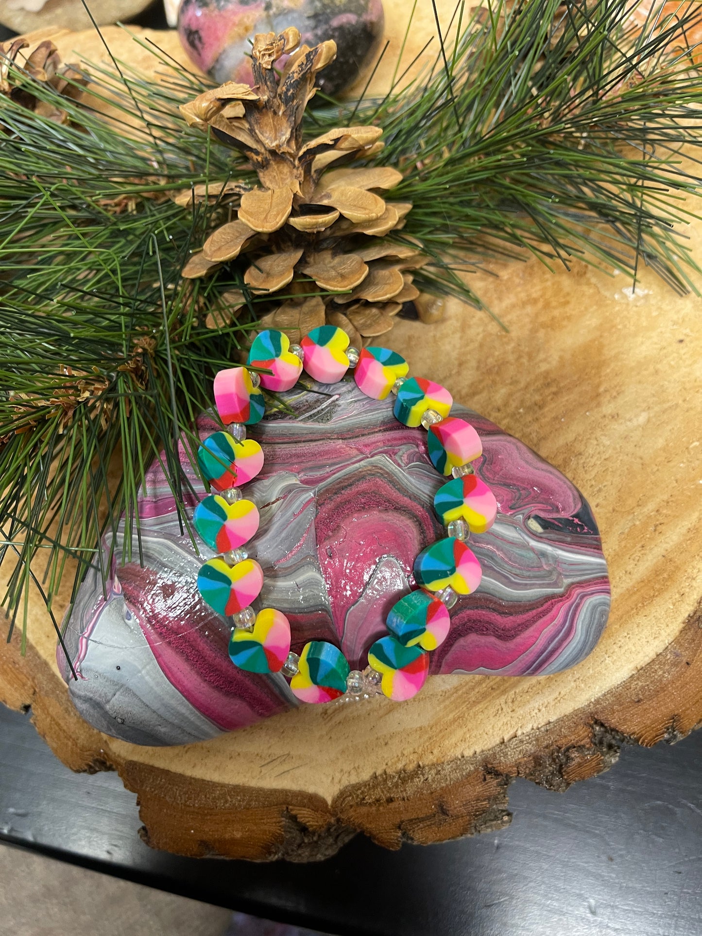 Rainbow Clay Heart beaded Stretch braceletPink tiful of LOVE
