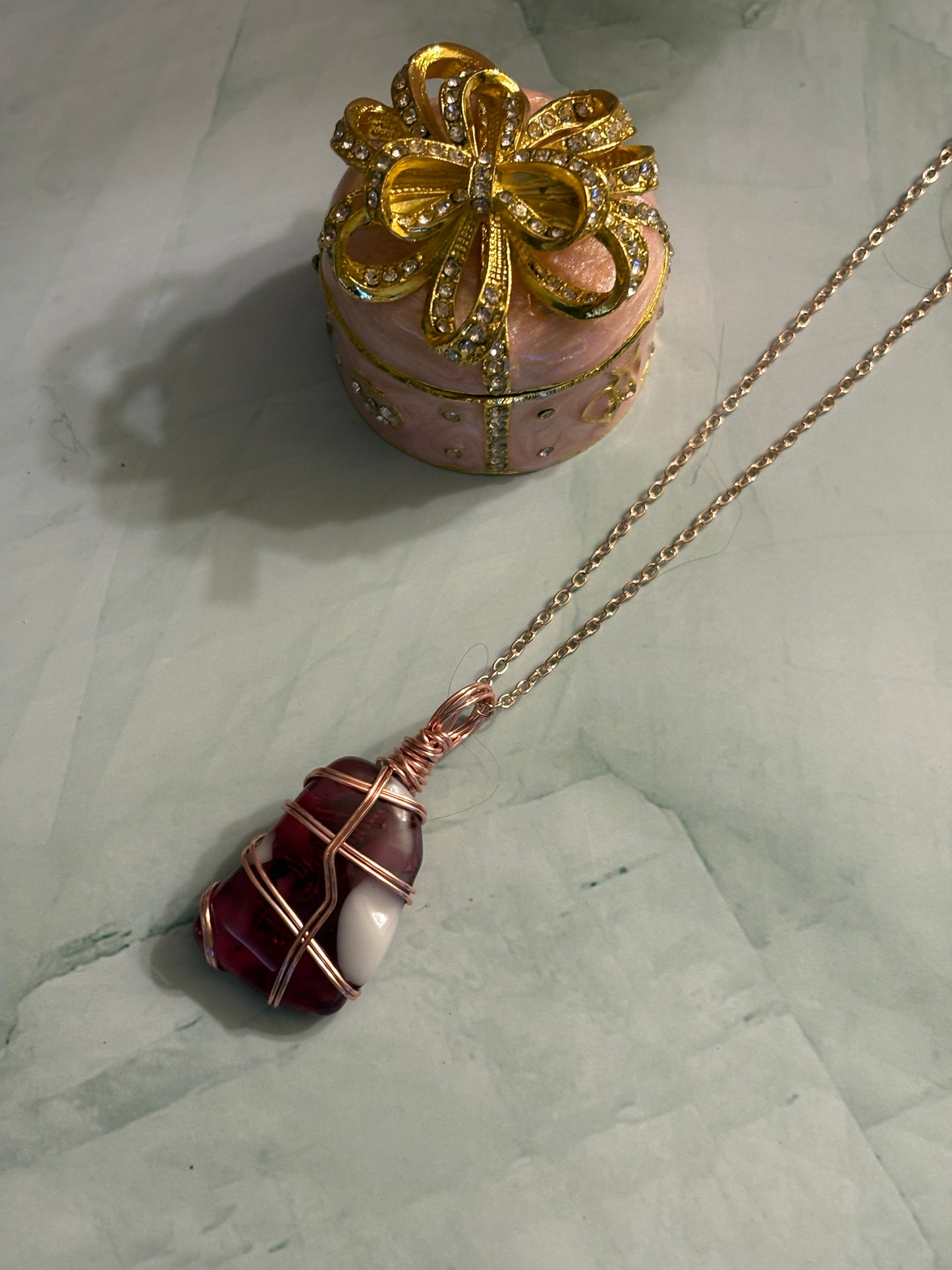 Fused Glass Wire Wrapped-Pink & White Irregular Shaped Pendant on a Rose Gold Chain Necklace