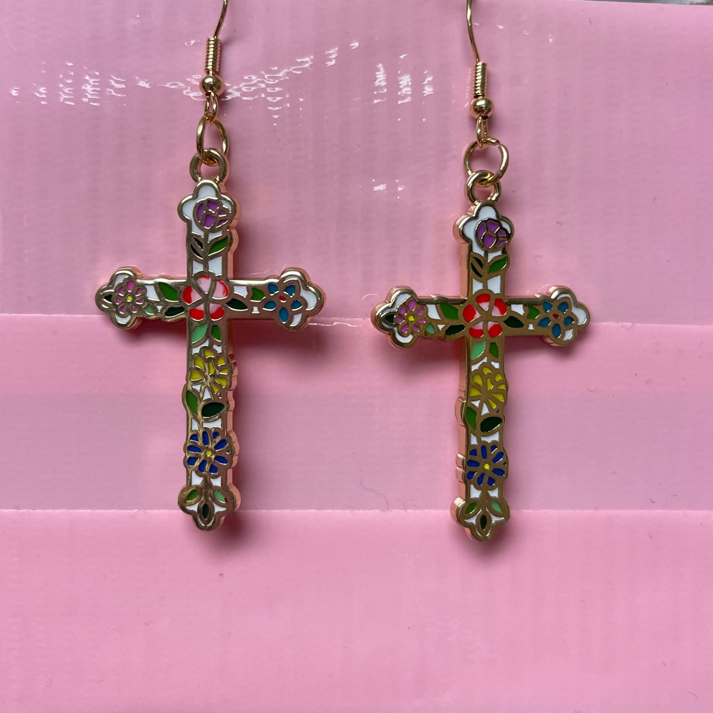 Flower Print Metal CROSS charm Wire EarringPink tiful of LOVE