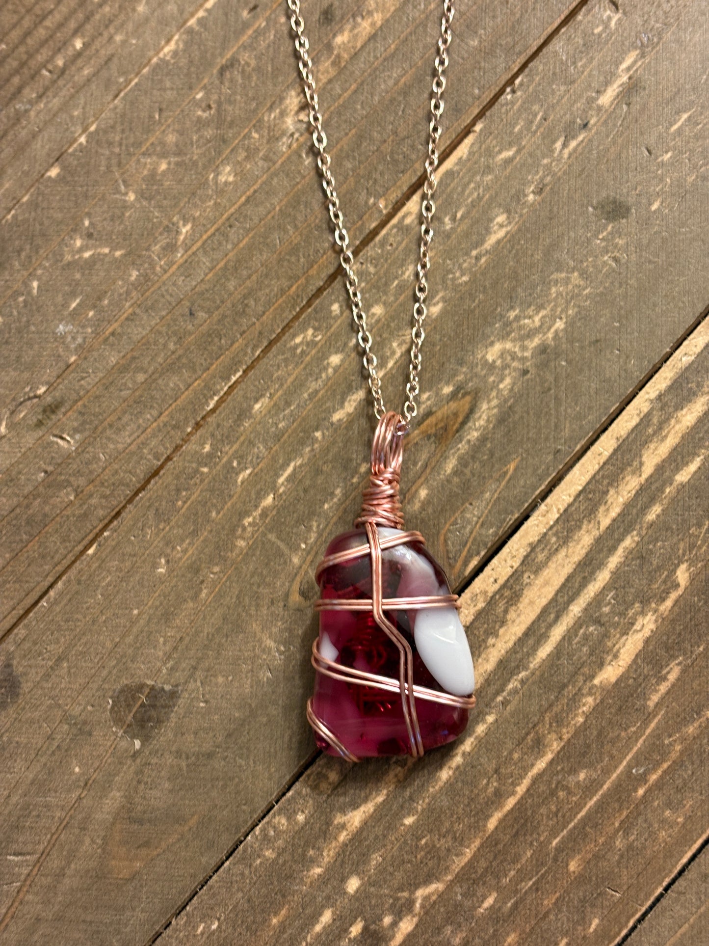 Fused Glass Wire Wrapped-Pink & White Irregular Shaped Pendant on a Rose Gold Chain Necklace