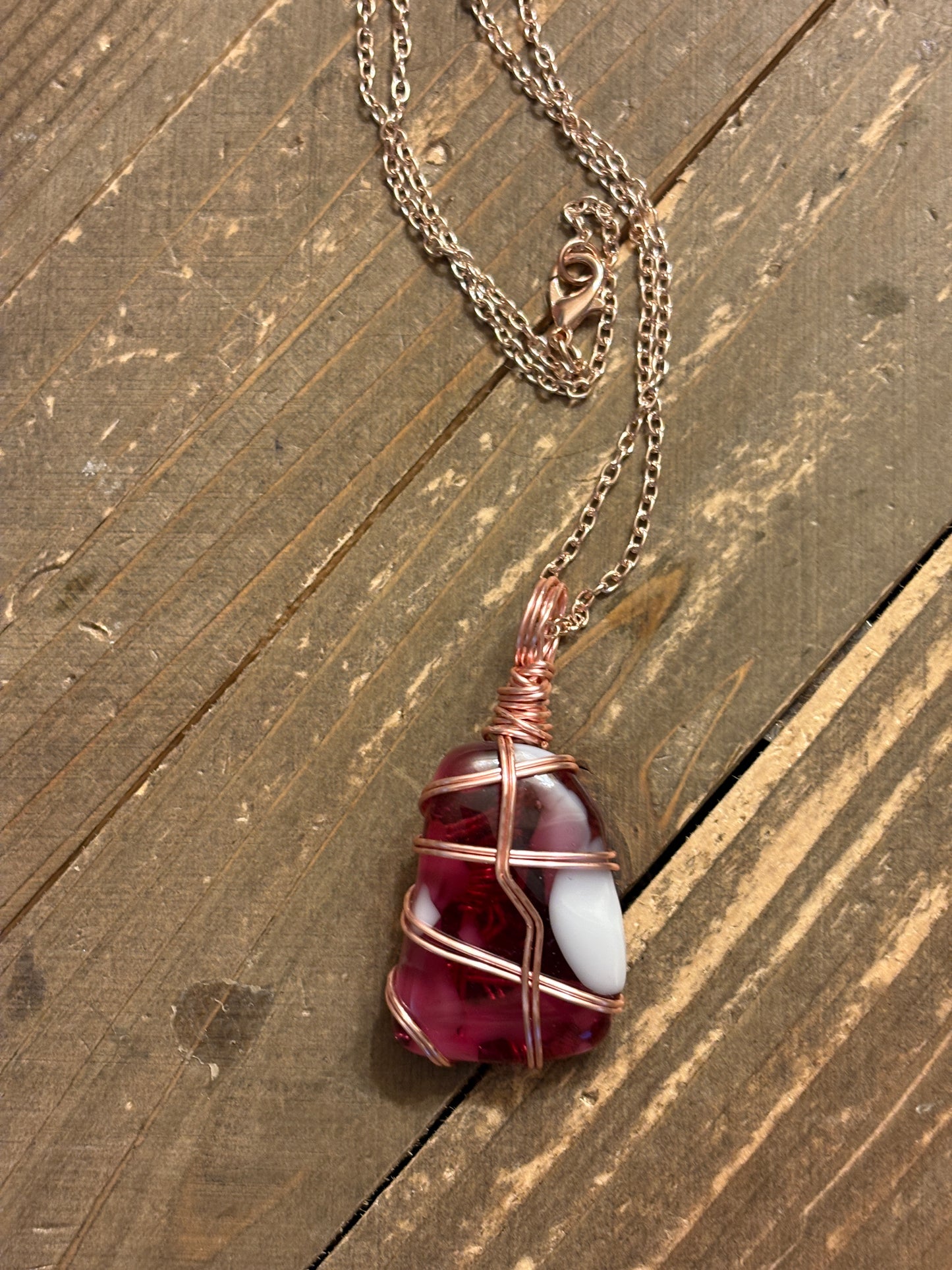 Fused Glass Wire Wrapped-Pink & White Irregular Shaped Pendant on a Rose Gold Chain Necklace