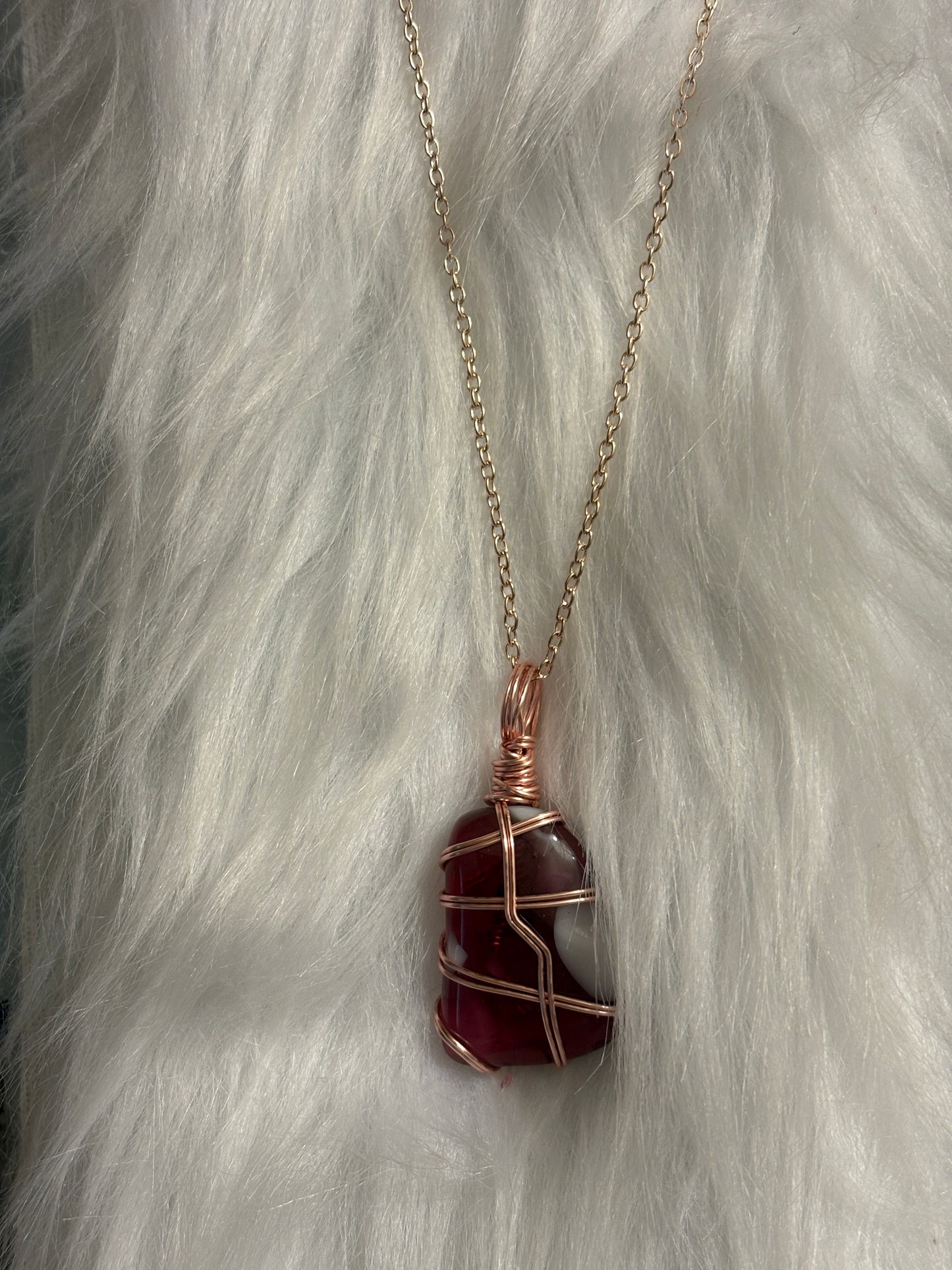 Fused Glass Wire Wrapped-Pink & White Irregular Shaped Pendant on a Rose Gold Chain Necklace