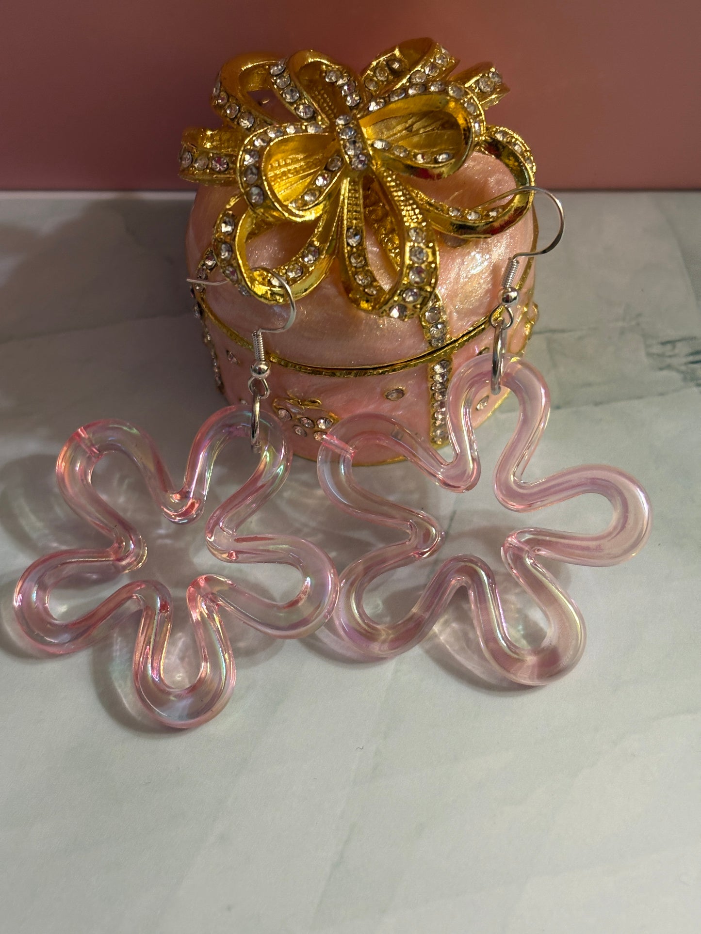 Pastel Pink AB Flower Charm Wire Earrings