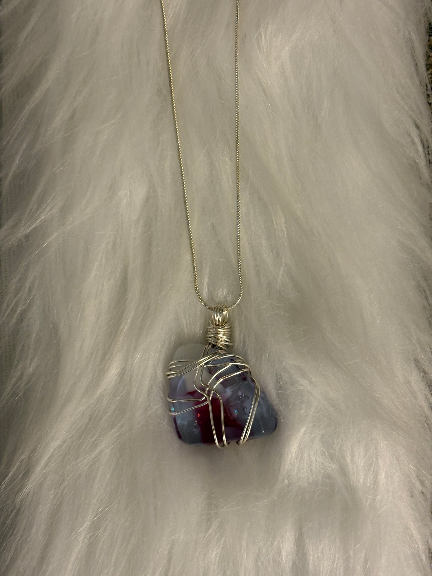 Fused Glass Wire Wrapped-white, pink & Purple Irregular Shaped Pendant on a Silver Chain Necklace