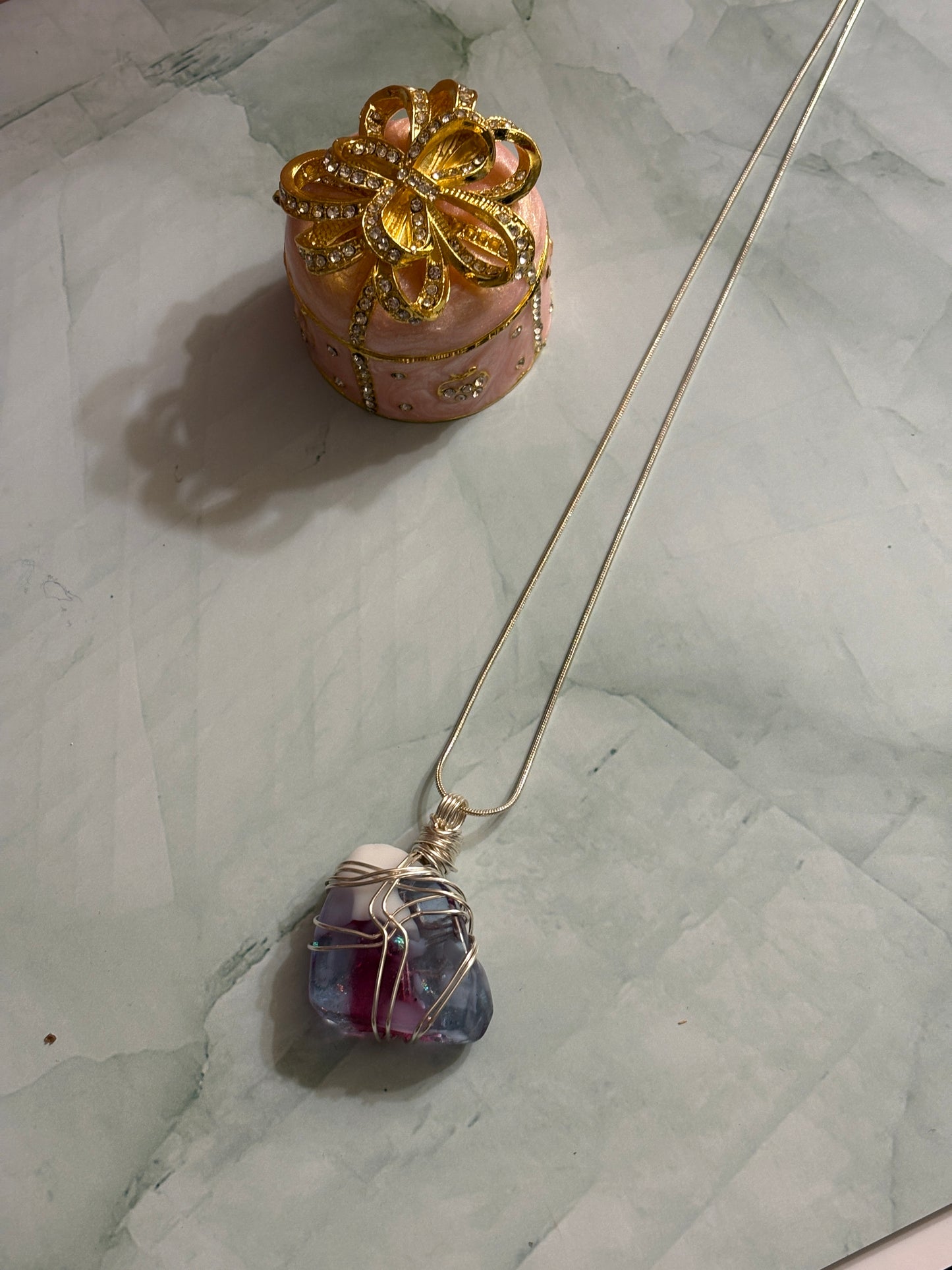 Fused Glass Wire Wrapped-white, pink & Purple Irregular Shaped Pendant on a Silver Chain Necklace