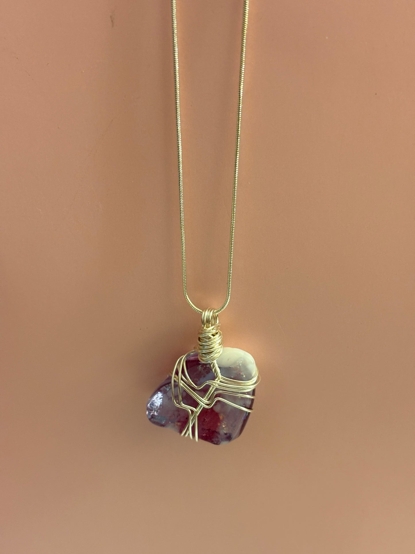 Fused Glass Wire Wrapped-white, pink & Purple Irregular Shaped Pendant on a Silver Chain Necklace