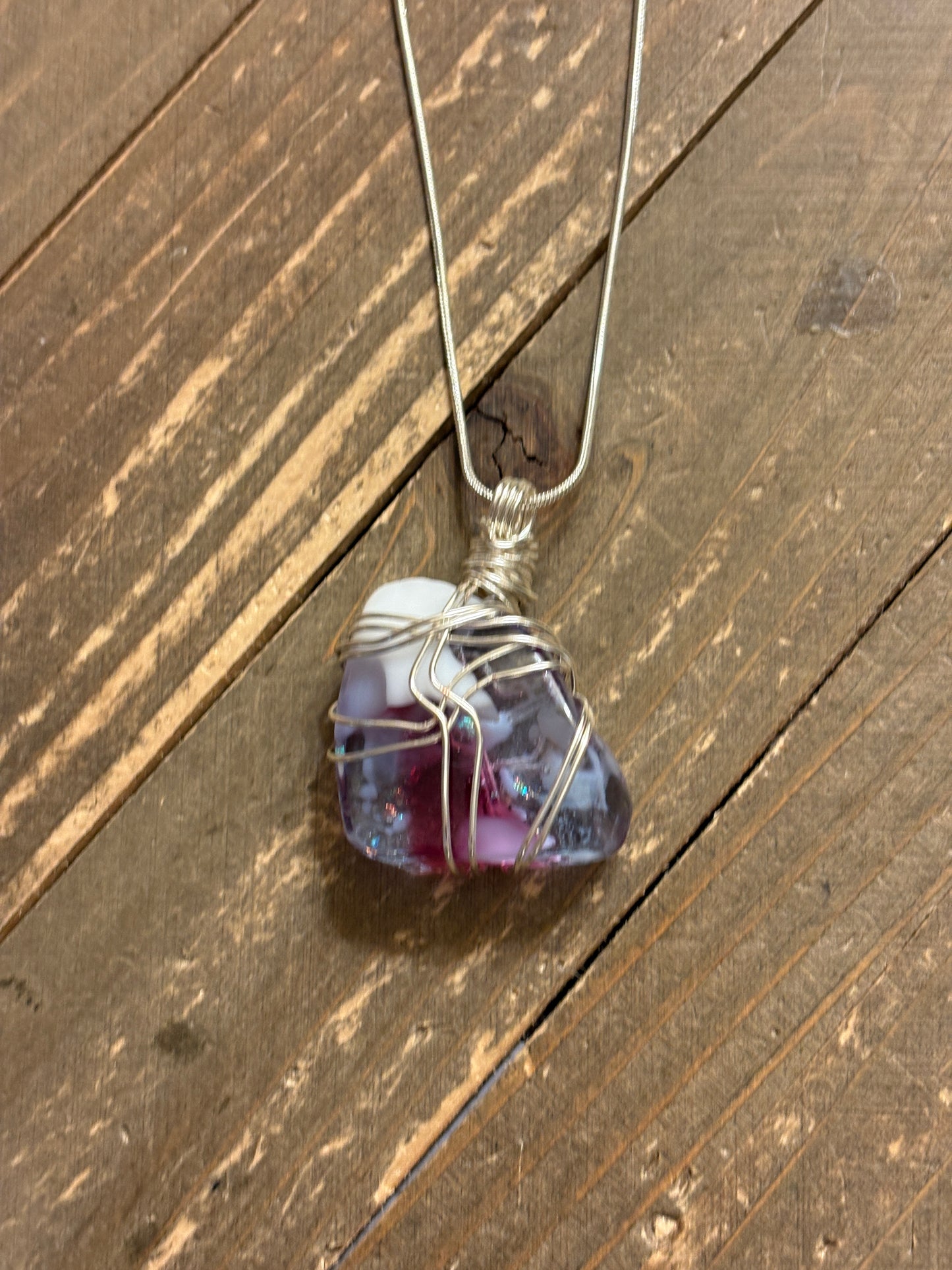 Fused Glass Wire Wrapped-white, pink & Purple Irregular Shaped Pendant on a Silver Chain Necklace