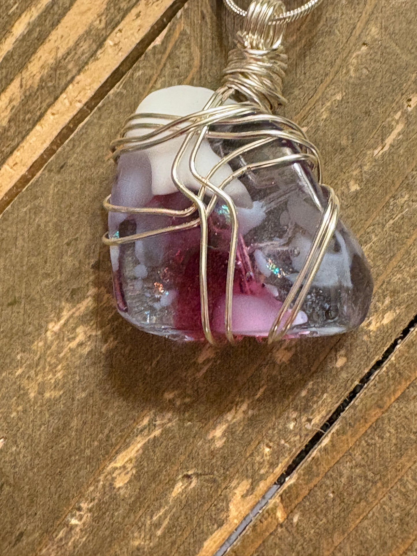Fused Glass Wire Wrapped-white, pink & Purple Irregular Shaped Pendant on a Silver Chain Necklace