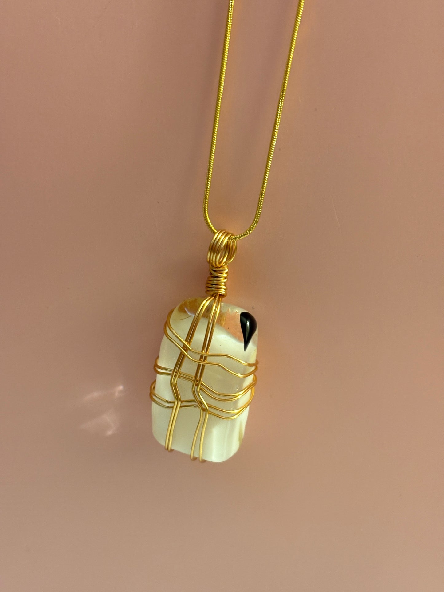 Fused Glass Wire Wrapped-white, gold, Black rectangular Shaped Pendant on a gold Chain Necklace (Copy)