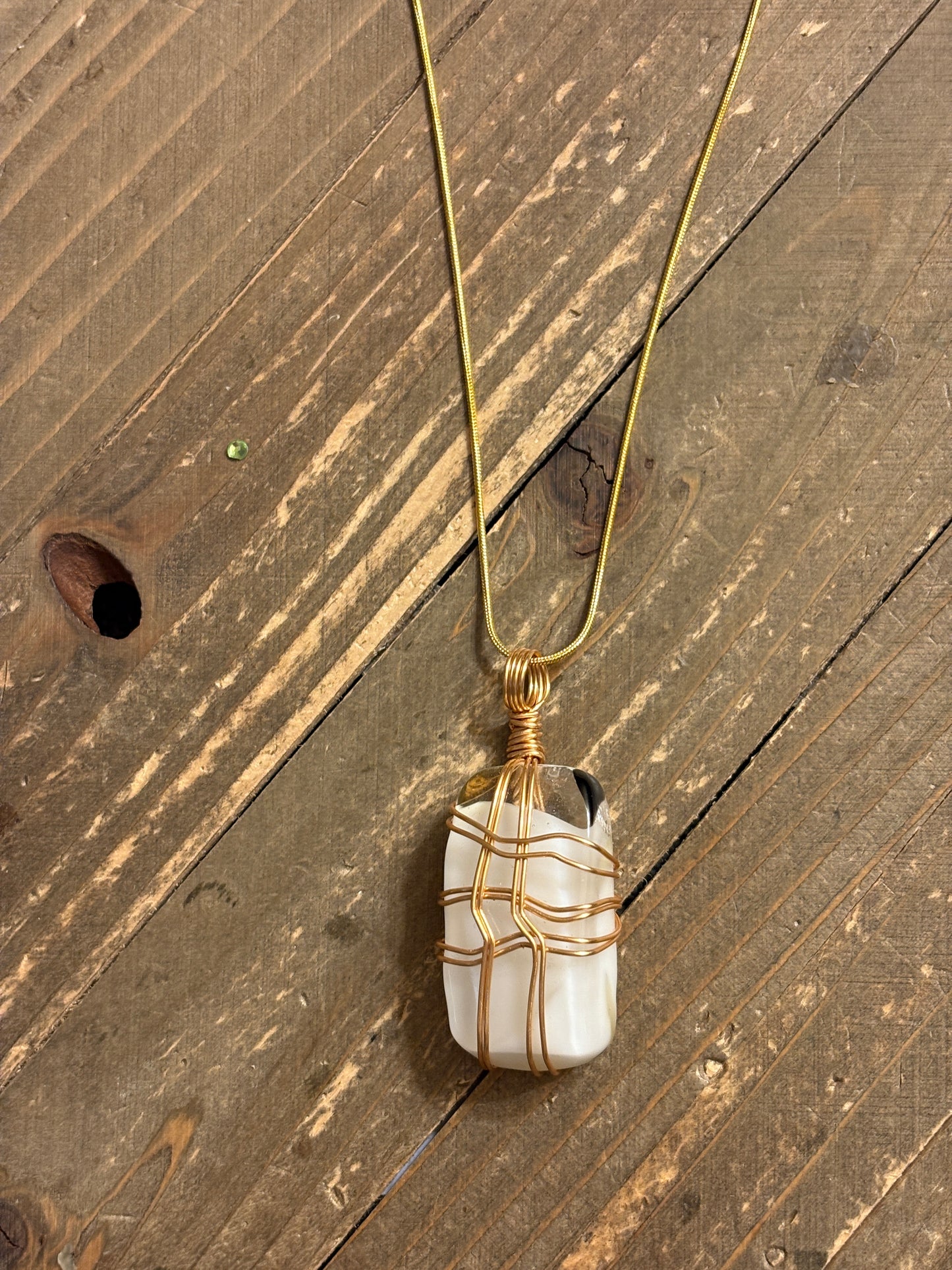 Fused Glass Wire Wrapped-white, gold, Black rectangular Shaped Pendant on a gold Chain Necklace (Copy)