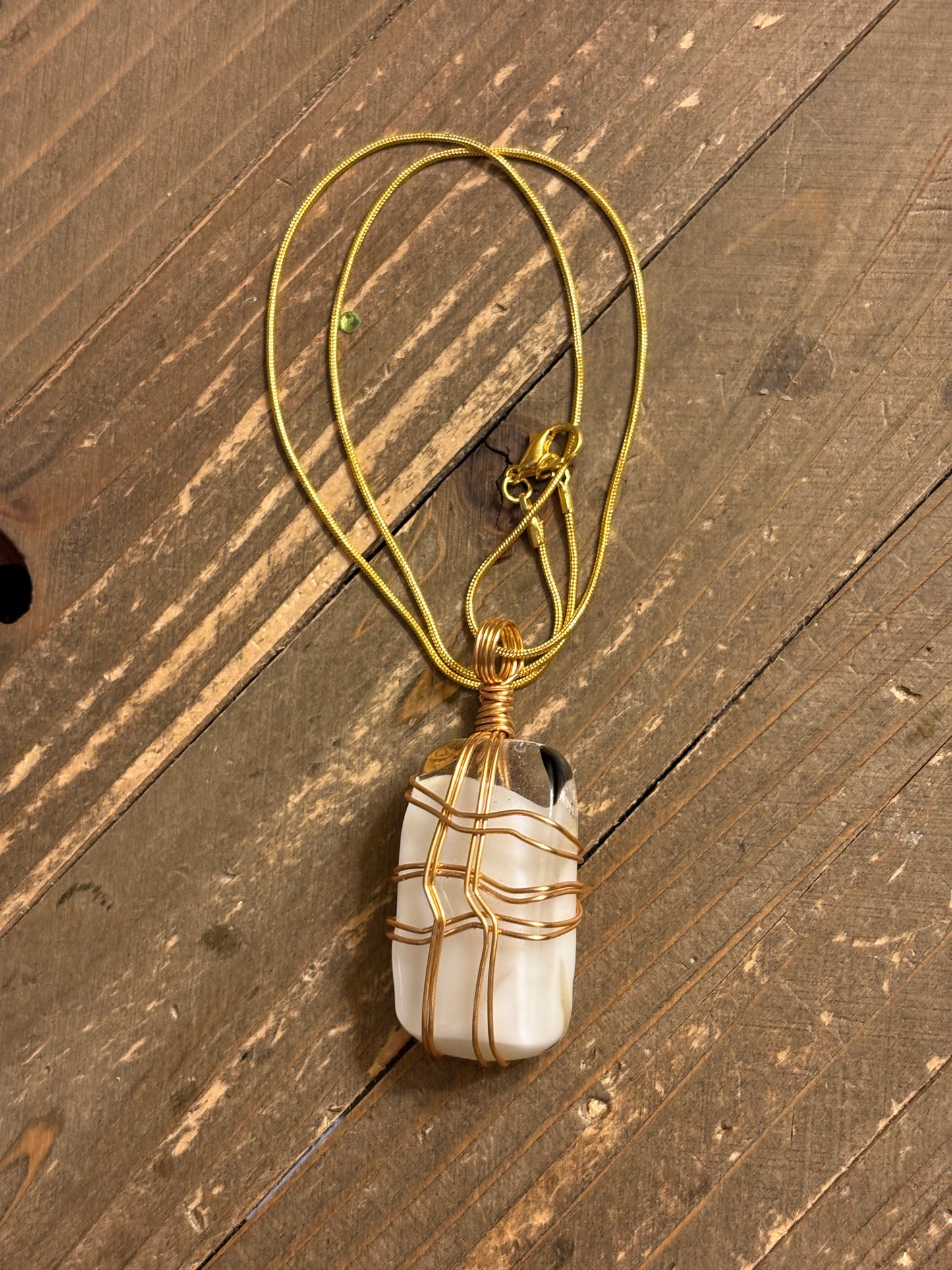 Fused Glass Wire Wrapped-white, gold, Black rectangular Shaped Pendant on a gold Chain Necklace (Copy)