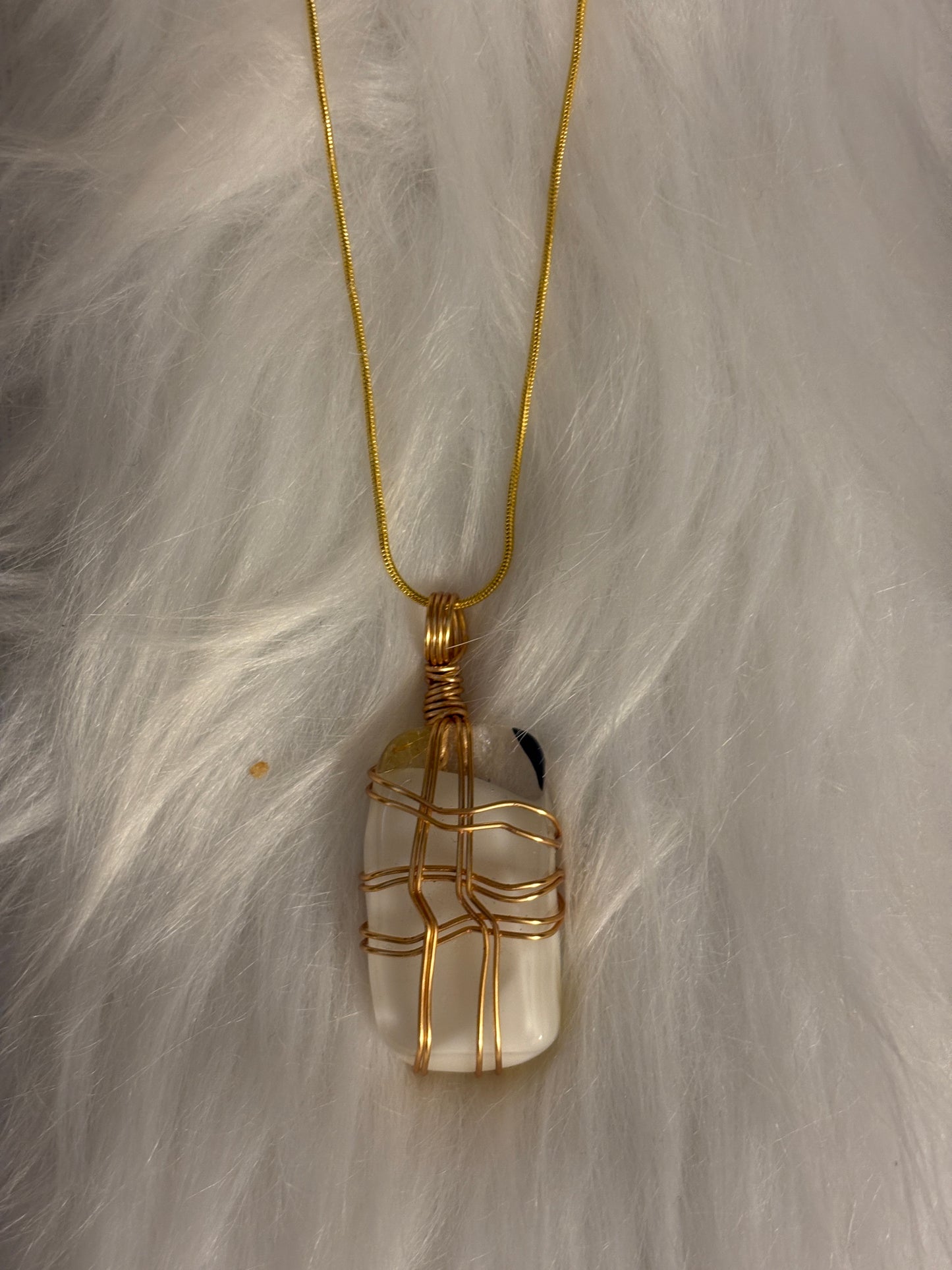 Fused Glass Wire Wrapped-white, gold, Black rectangular Shaped Pendant on a gold Chain Necklace (Copy)