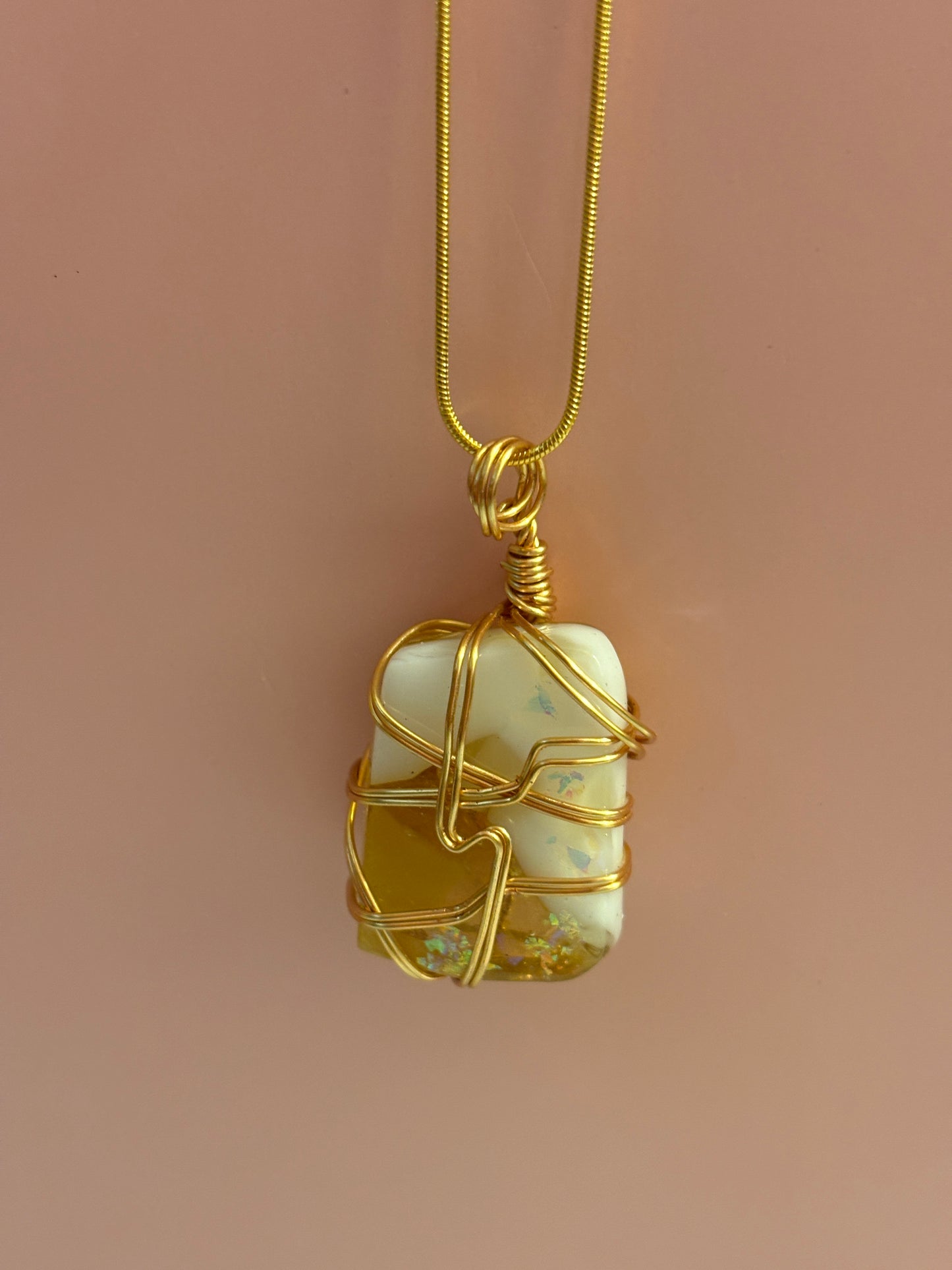 Fused Glass Wire Wrapped-white and gold square Shaped Pendant on a gold Chain Necklace